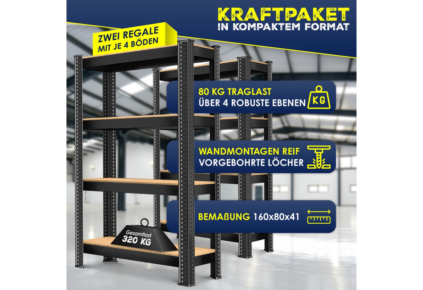 MASKO Schwerlastregale 160 x 80 x 40 cm 4 Böden 700 kg Schwarz 2er Set
