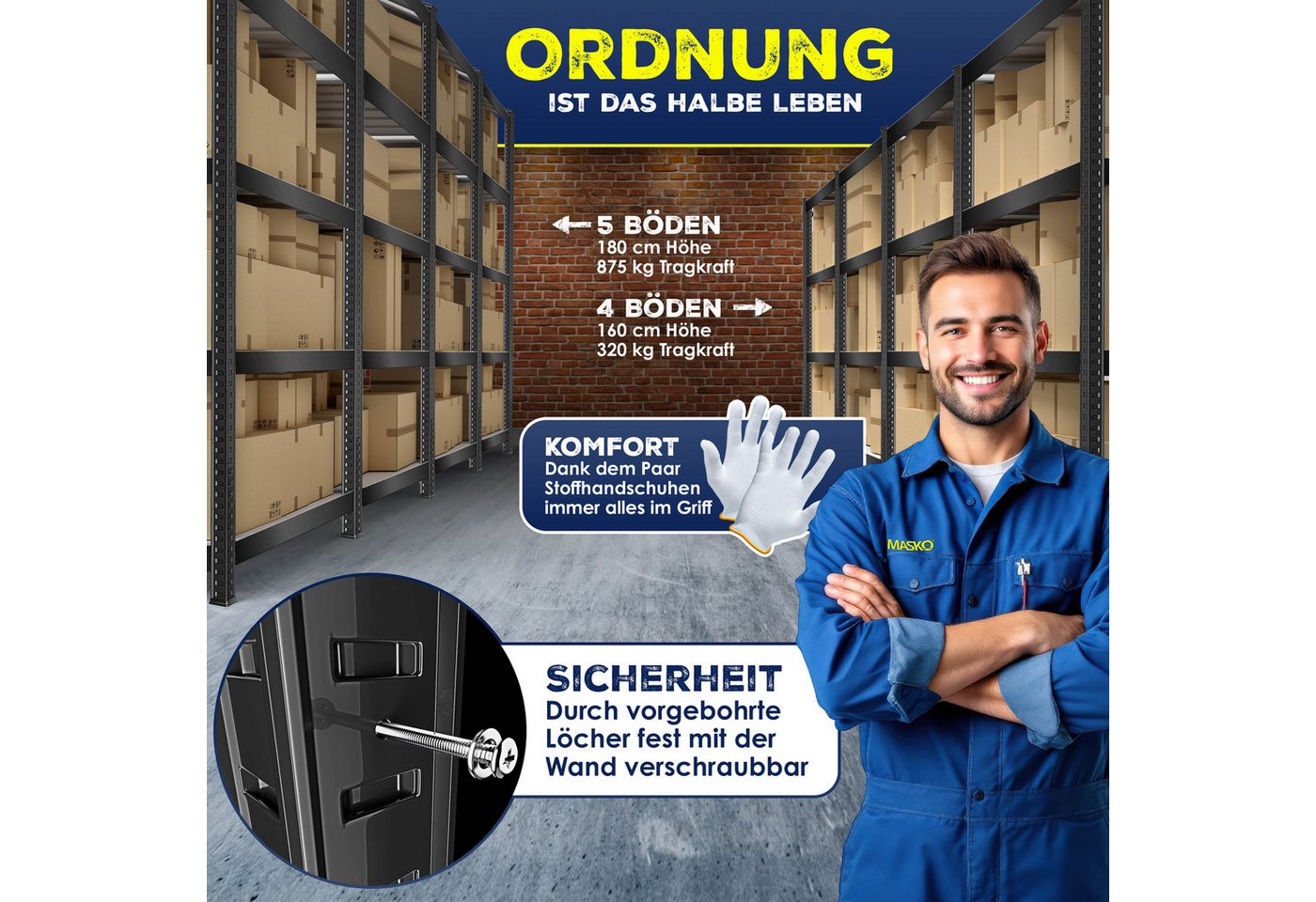 MASKO Schwerlastregale 160 x 80 x 40 cm 4 Böden 700 kg Schwarz 2er Set Bild 3