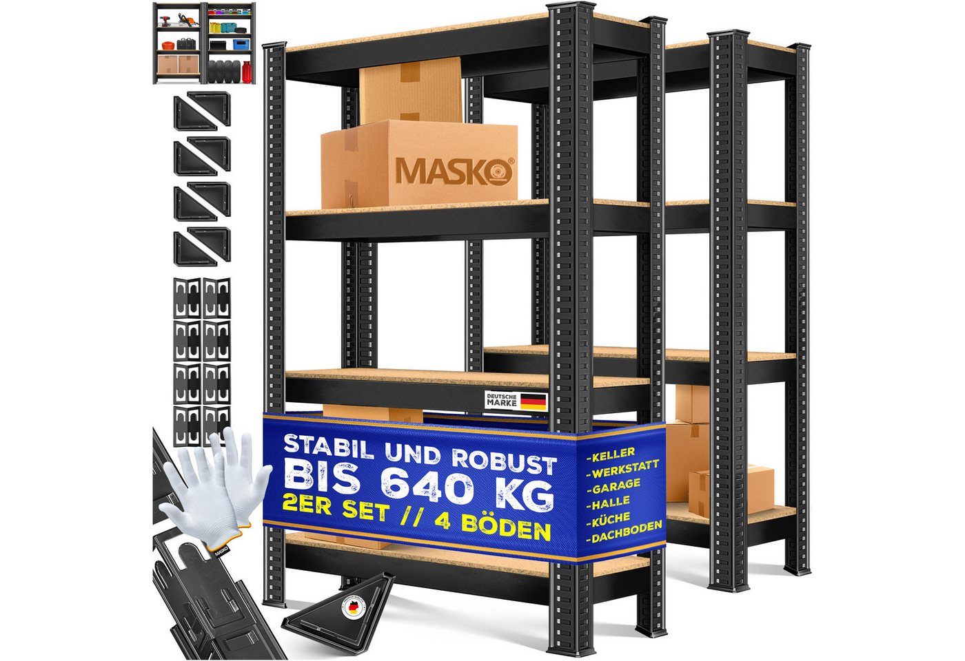 MASKO Schwerlastregale 160 x 80 x 40 cm 4 Böden 700 kg Schwarz 2er Set Bild 4