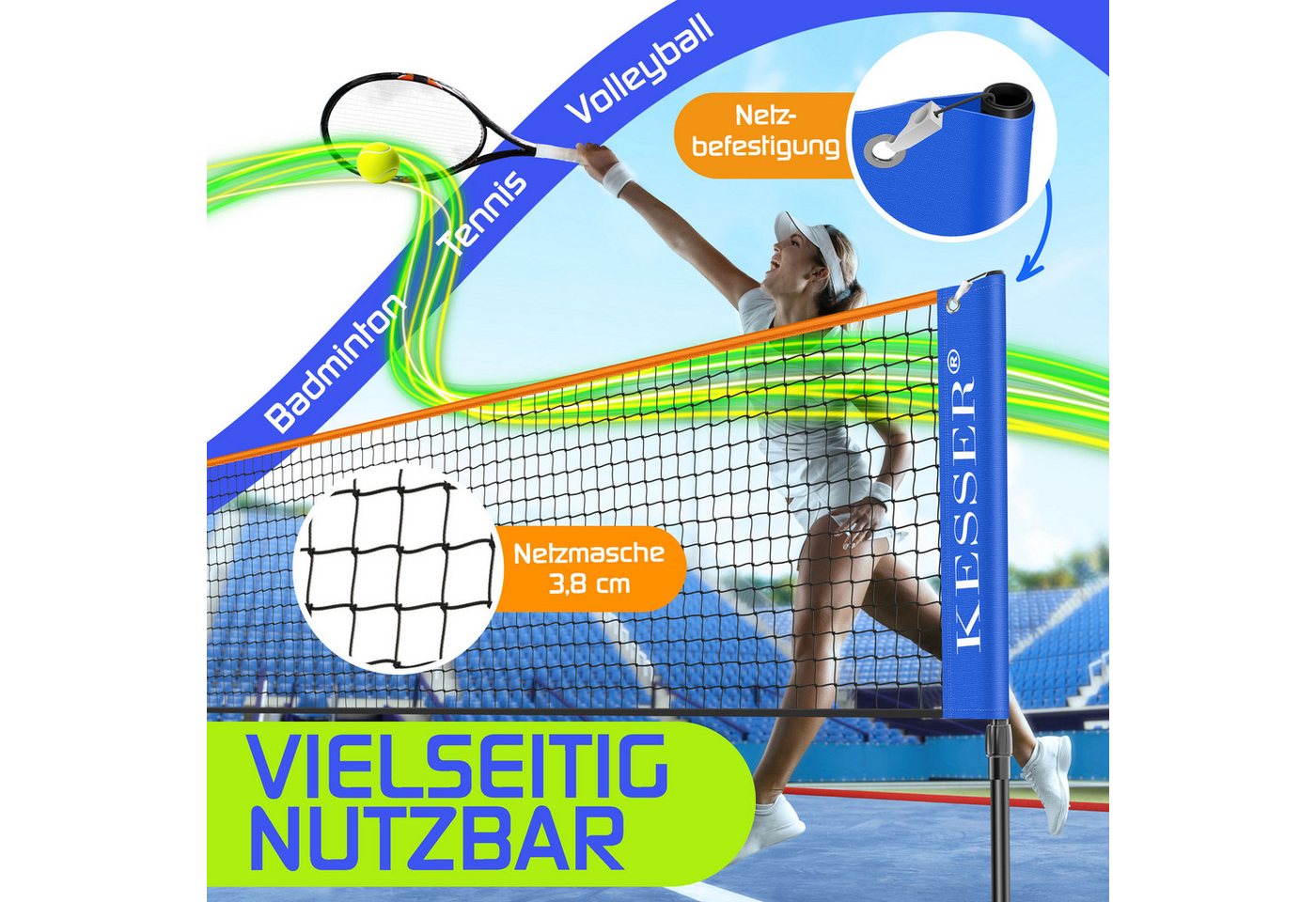 KESSER Badmintonnetz 3fach Höhenverstellbar 500 cm Blau inkl. 3 Federbälle