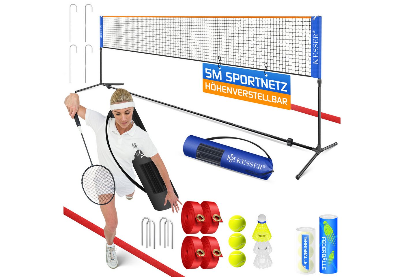KESSER Badmintonnetz 3fach Höhenverstellbar 500 cm Blau inkl. 3 Federbälle Bild 2