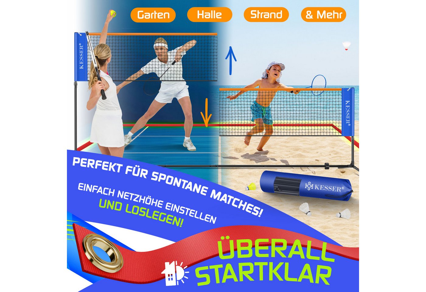KESSER Badmintonnetz 3fach Höhenverstellbar 500 cm Blau inkl. 3 Federbälle Bild 3