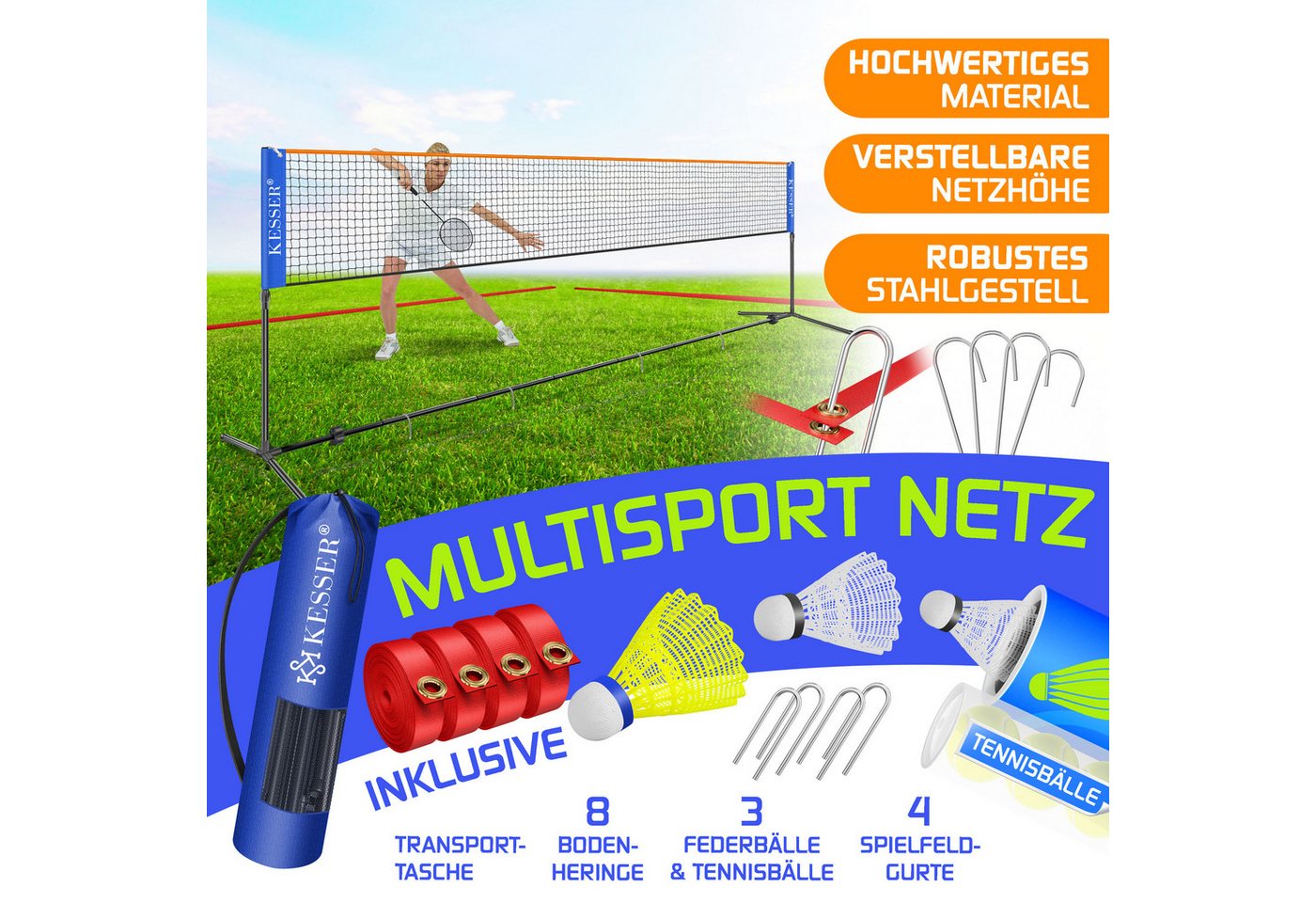 KESSER Badmintonnetz 3fach Höhenverstellbar 500 cm Blau inkl. 3 Federbälle Bild 4