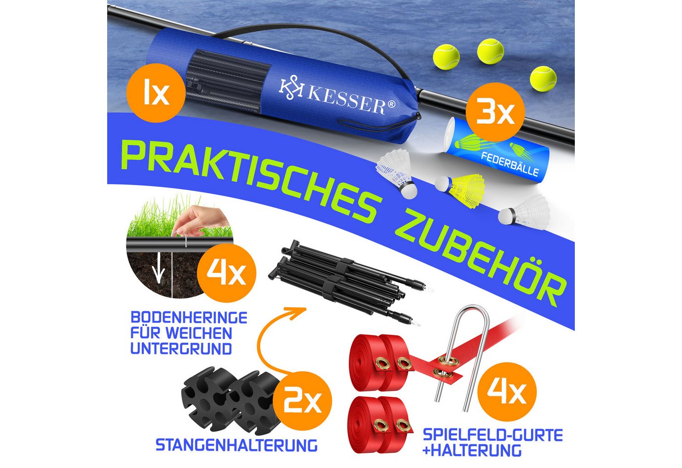 KESSER Badmintonnetz 3fach Höhenverstellbar 500 cm Blau inkl. 3 Federbälle Bild 5