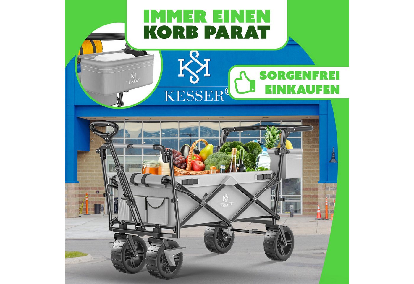 KESSER Bollerwagen GT9000 Faltbar mit Dach Belastbar Bis 150 kg Grau