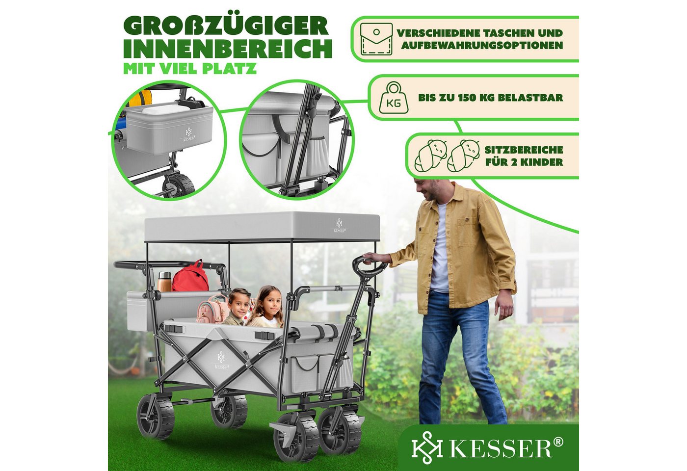 KESSER Bollerwagen GT9000 Faltbar mit Dach Belastbar Bis 150 kg Grau Bild 2