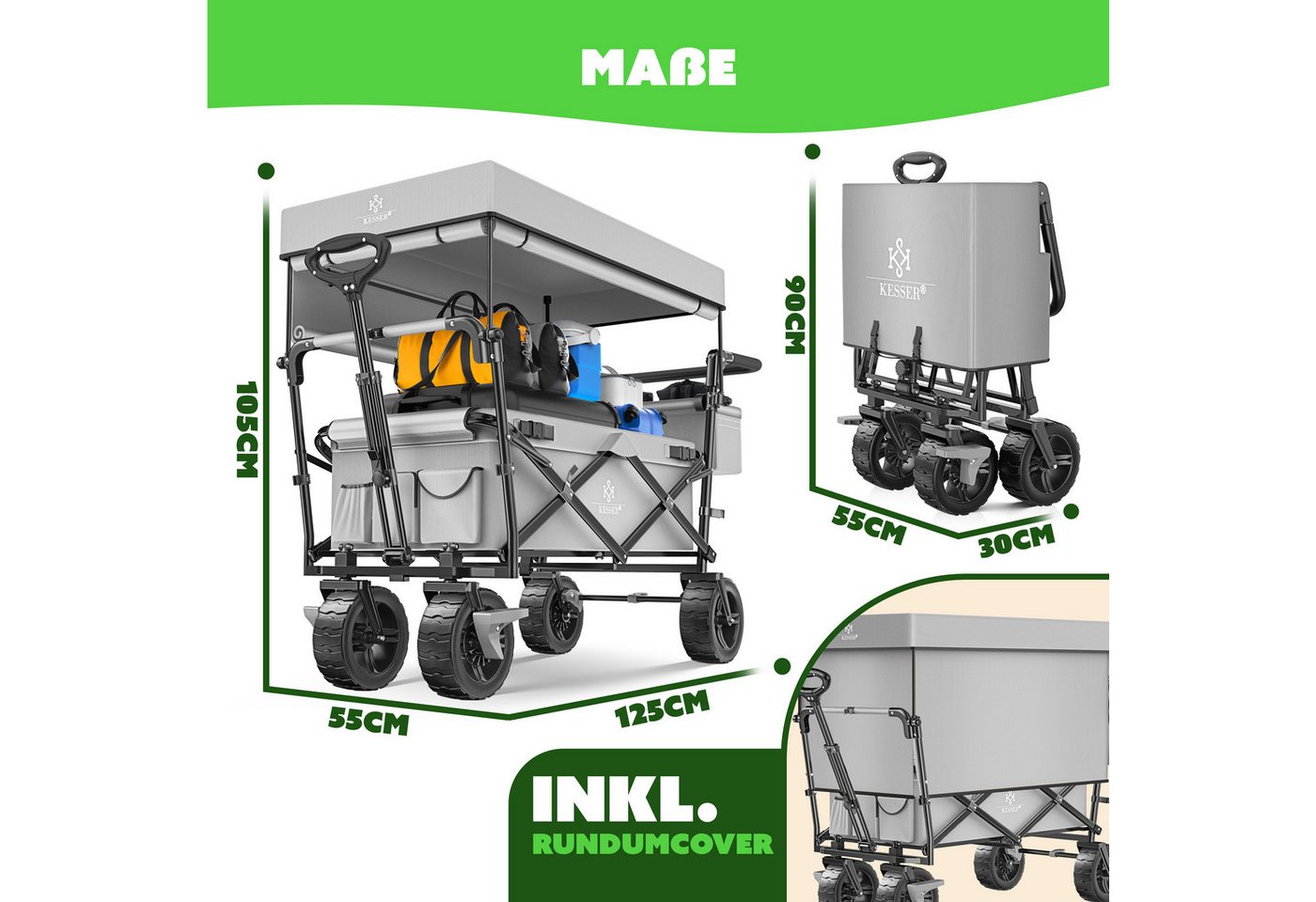 KESSER Bollerwagen GT9000 Faltbar mit Dach Belastbar Bis 150 kg Grau Bild 4