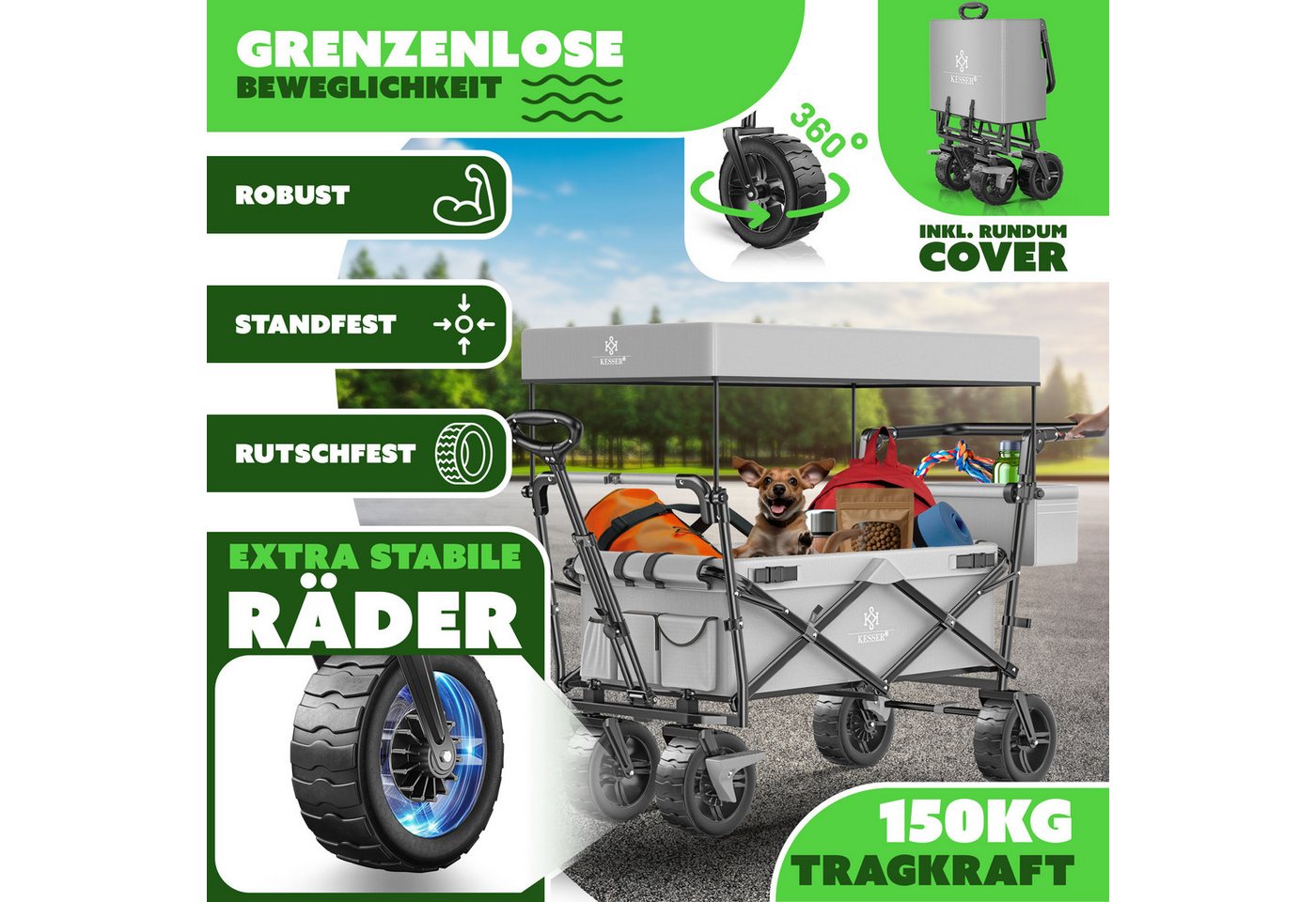 KESSER Bollerwagen GT9000 Faltbar mit Dach Belastbar Bis 150 kg Grau Bild 5