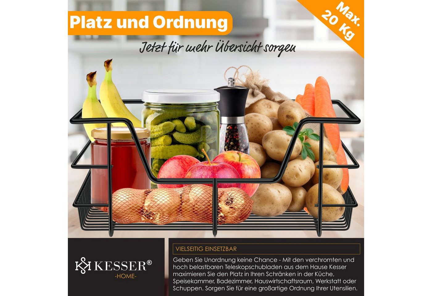 KESSER Teleskopschublade Edelstahl Verchromt 60 cm Schwarz 3 Stück
