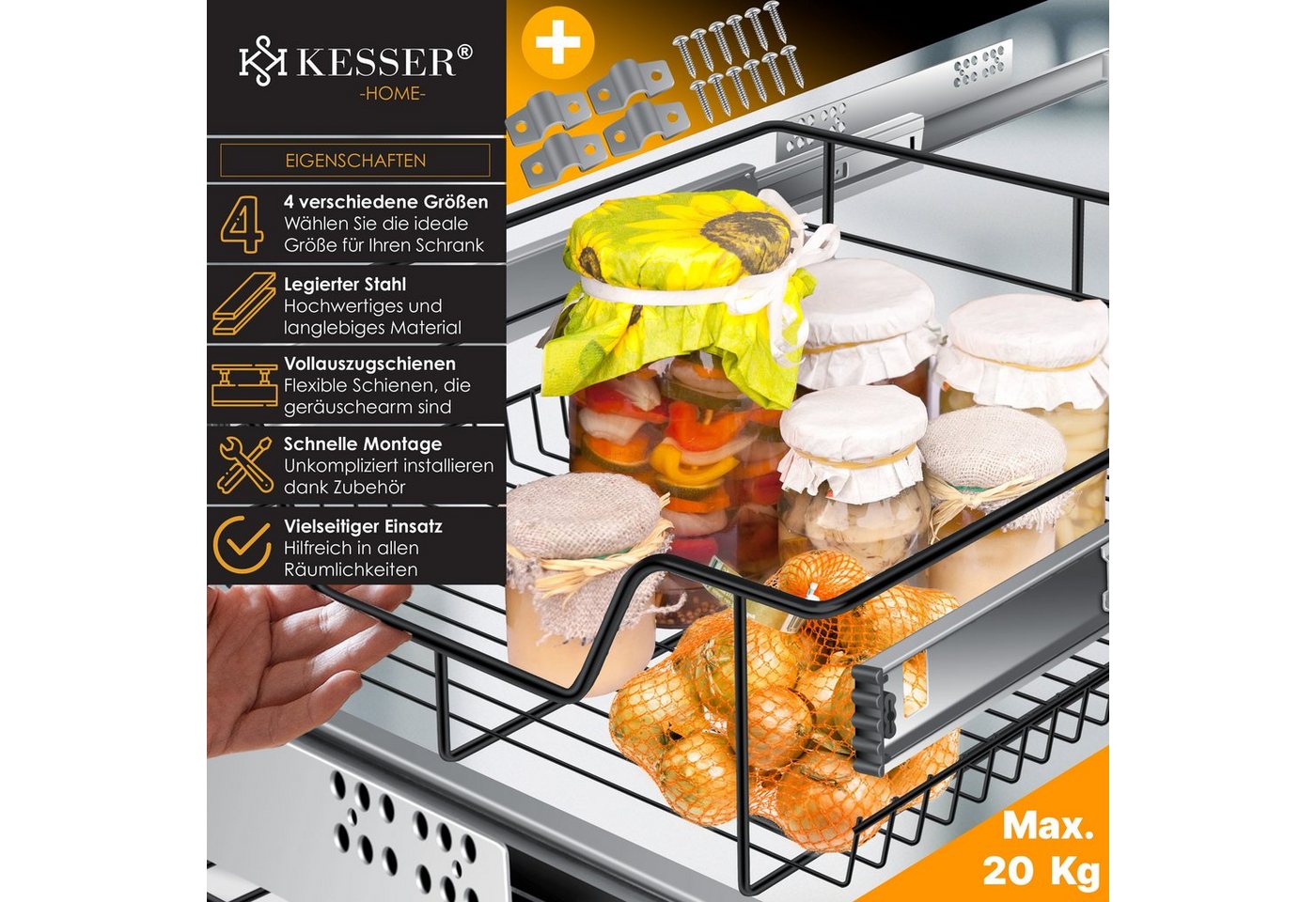 KESSER Teleskopschublade Edelstahl Verchromt 60 cm Schwarz 3 Stück Bild 5