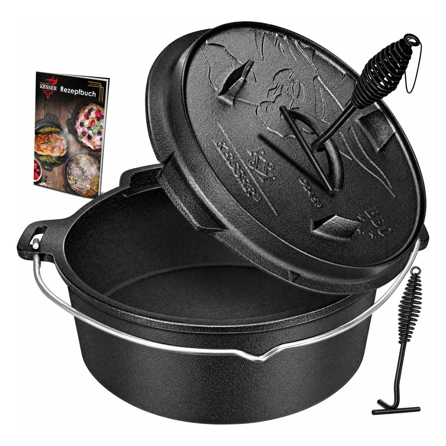 KESSER Dutch Oven Set Gusseisen mit Deckel DO12P 13.6, Schwarz mit Füßen