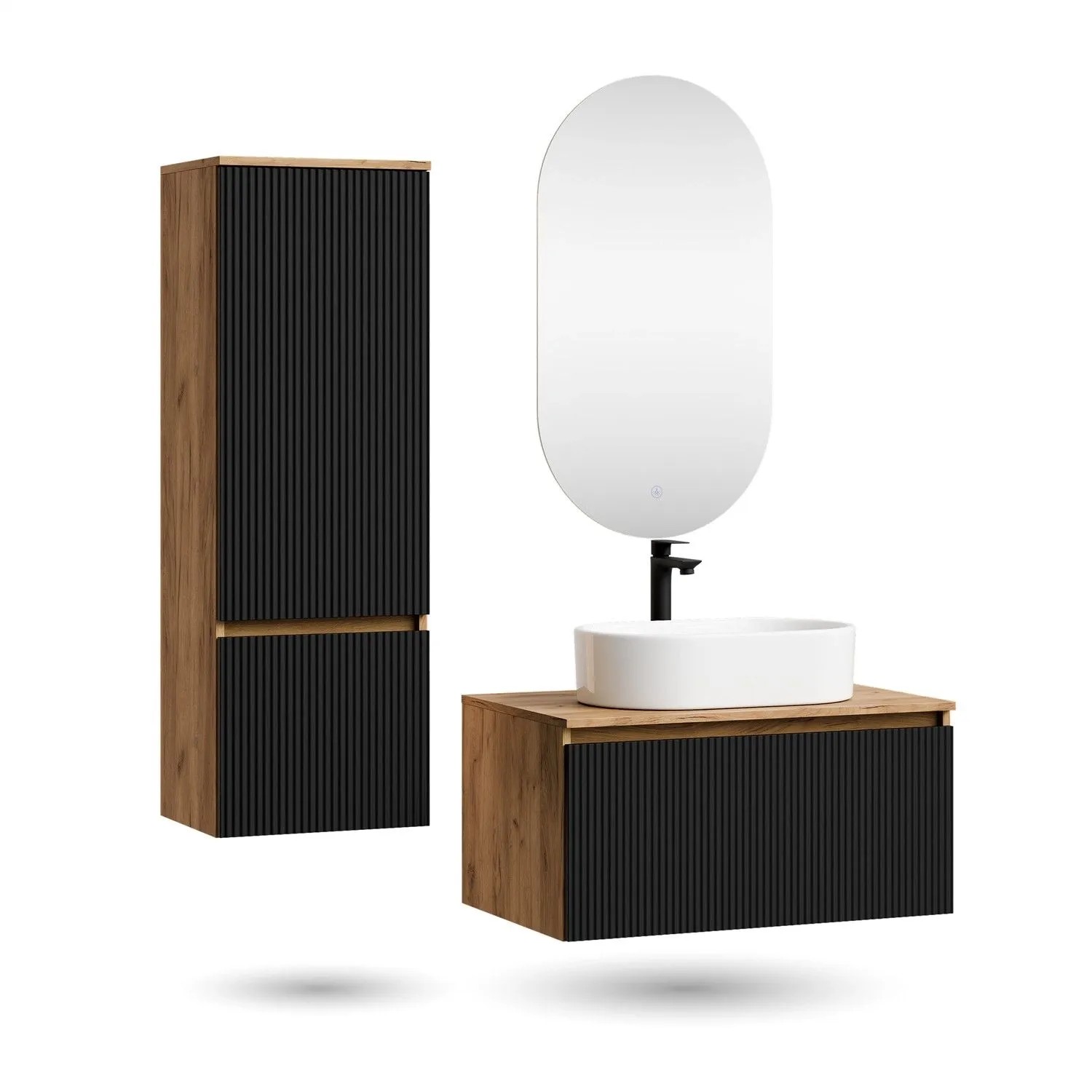 Planetmöbel ARISA Badmöbel Set 80 cm Schwarz Geriffelt mit Hochschrank LED Spiegel Dimmbar und Keramik Aufsatzwaschbecken 55 cm Weiß