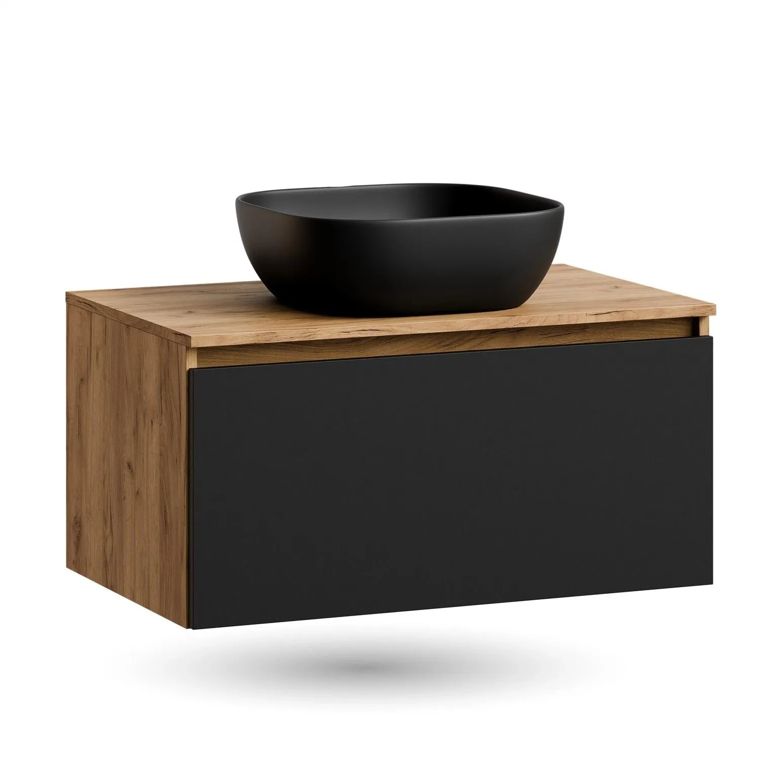 Planetmöbel ARISA Waschtischunterschrank 80 cm Schwarz Matt mit Keramik Aufsatzwaschbecken 42 cm Schwarz Soft Close