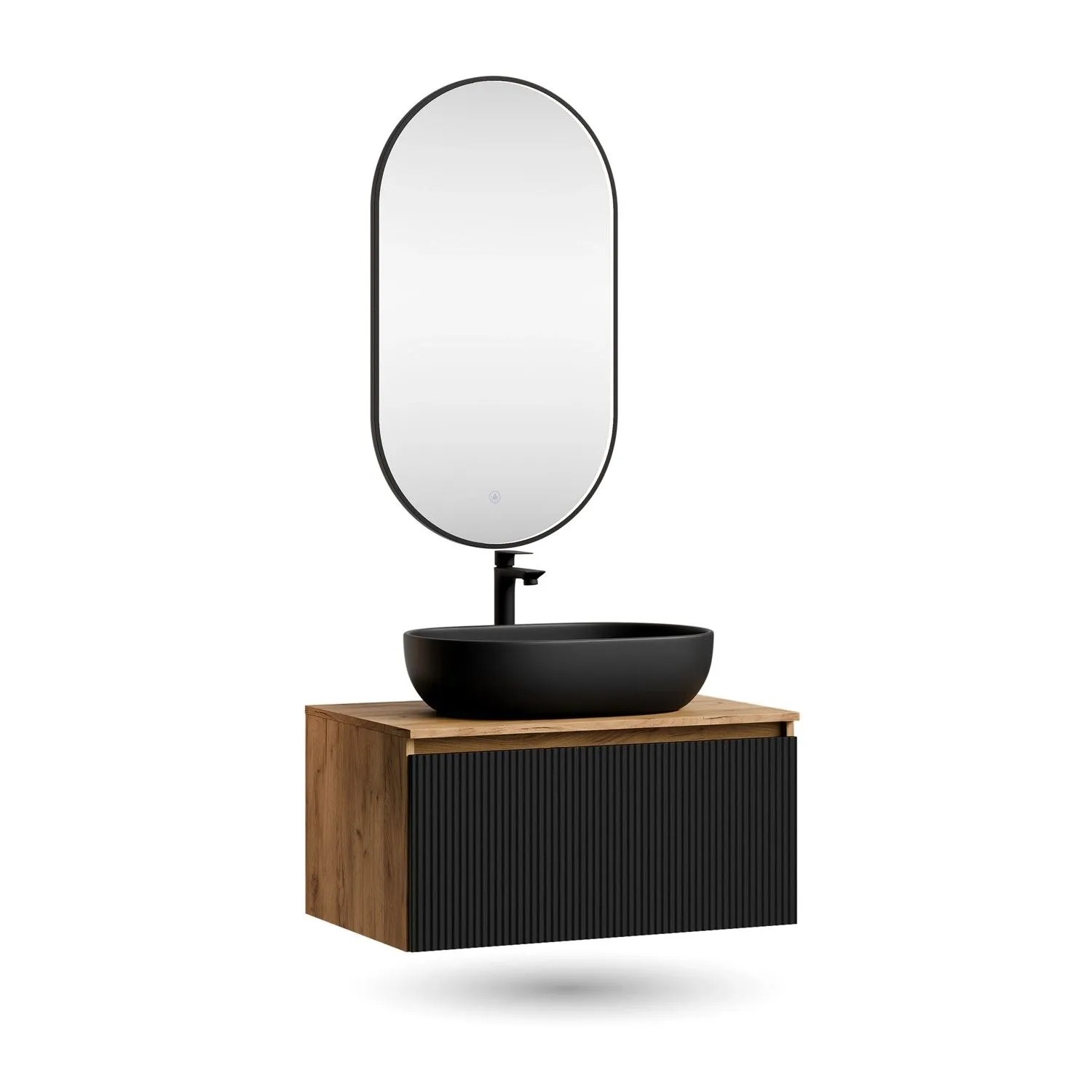 Planetmöbel ARISA Badmöbel Set 80 cm Schwarz Geriffelt Soft Close mit Glora LED Spiegel Oval 50 x 90 cm und Keramik Aufsatzwaschbecken Schwarz 60 cm