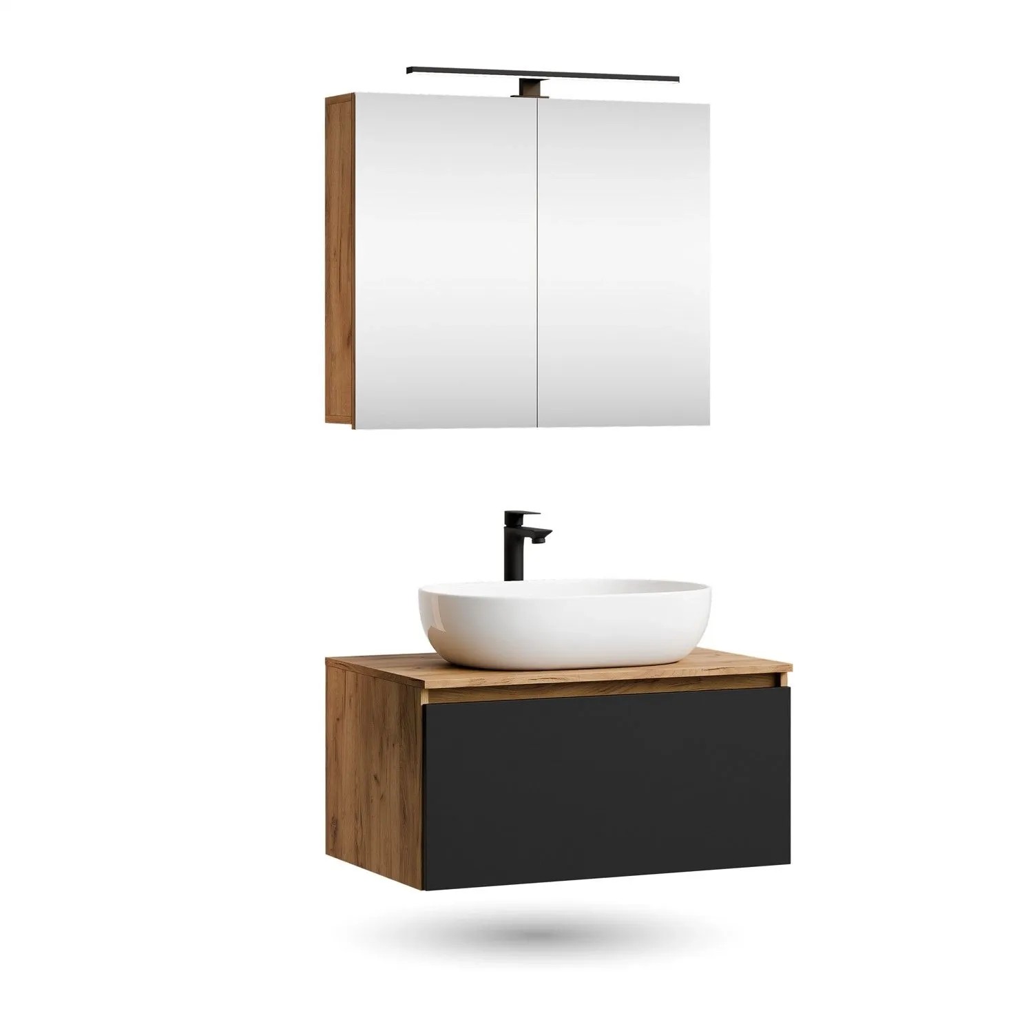 Planetmöbel ARISA Badmöbel Set 80 cm Schwarz mit Spiegelschrank ARIA LED Leuchte und Aufsatzwaschbecken 60 cm Weiß Keramik Soft Close