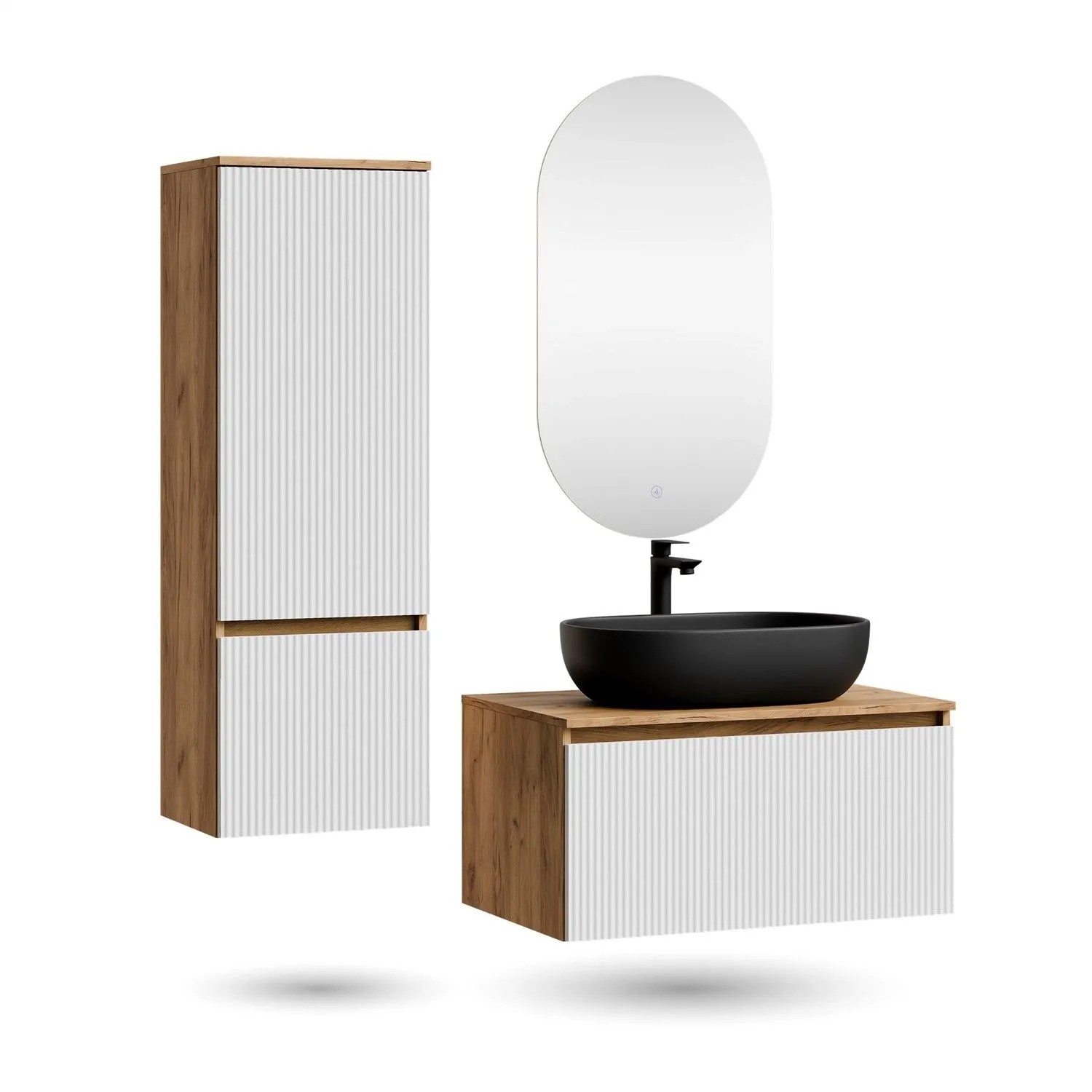 Planetmöbel ARISA Badmöbel Set 80 cm Weiß Geriffelt mit Hochschrank LED Spiegel Dimmbar und Keramik Aufsatzwaschbecken 60 cm Schwarz