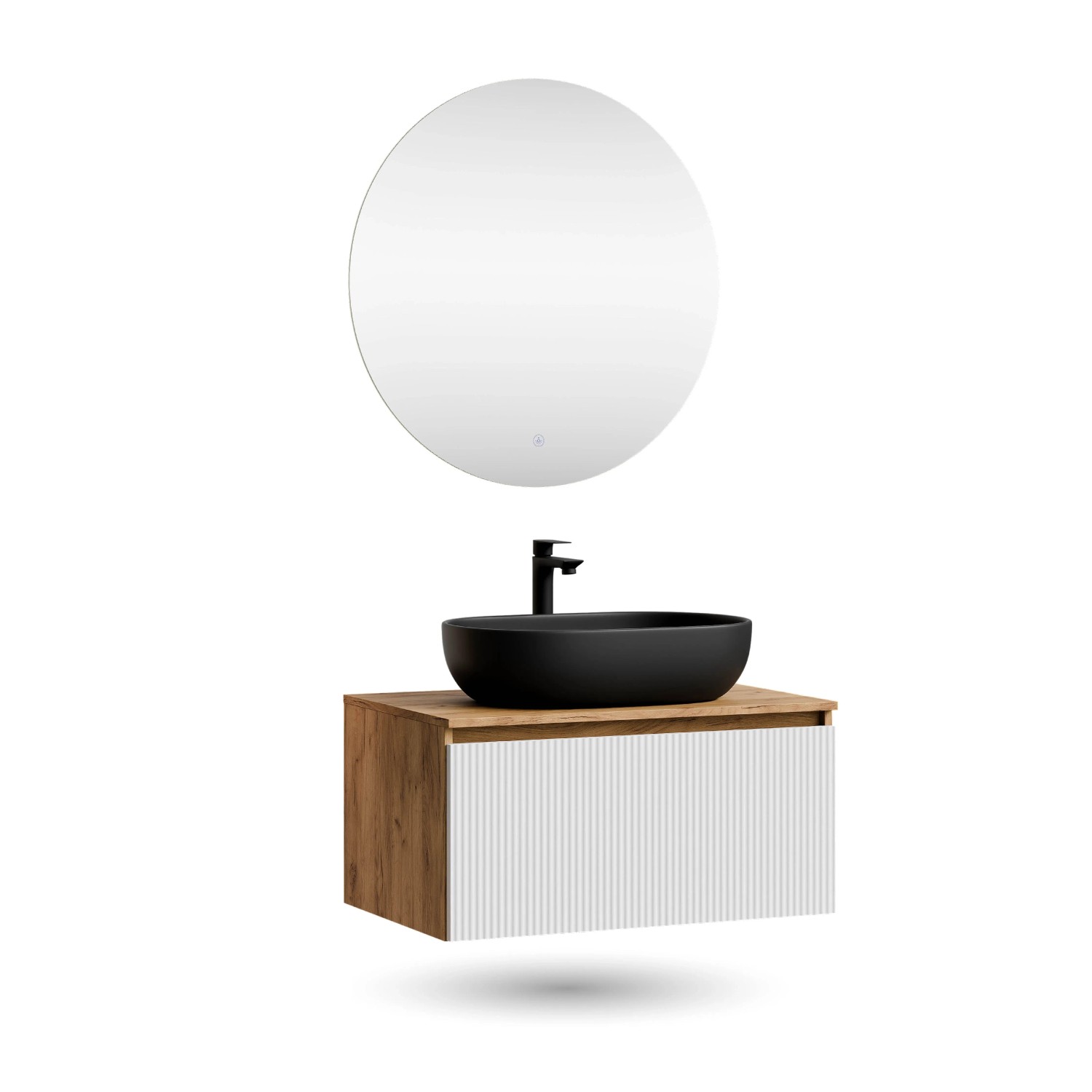 Planetmöbel ARISA Badmöbel Set 80 cm Weiß Matt Geriffelt mit Aufsatzwaschbecken 60 cm Schwarz und NOVA LED Spiegel 80 cm Dimmbar Soft Close