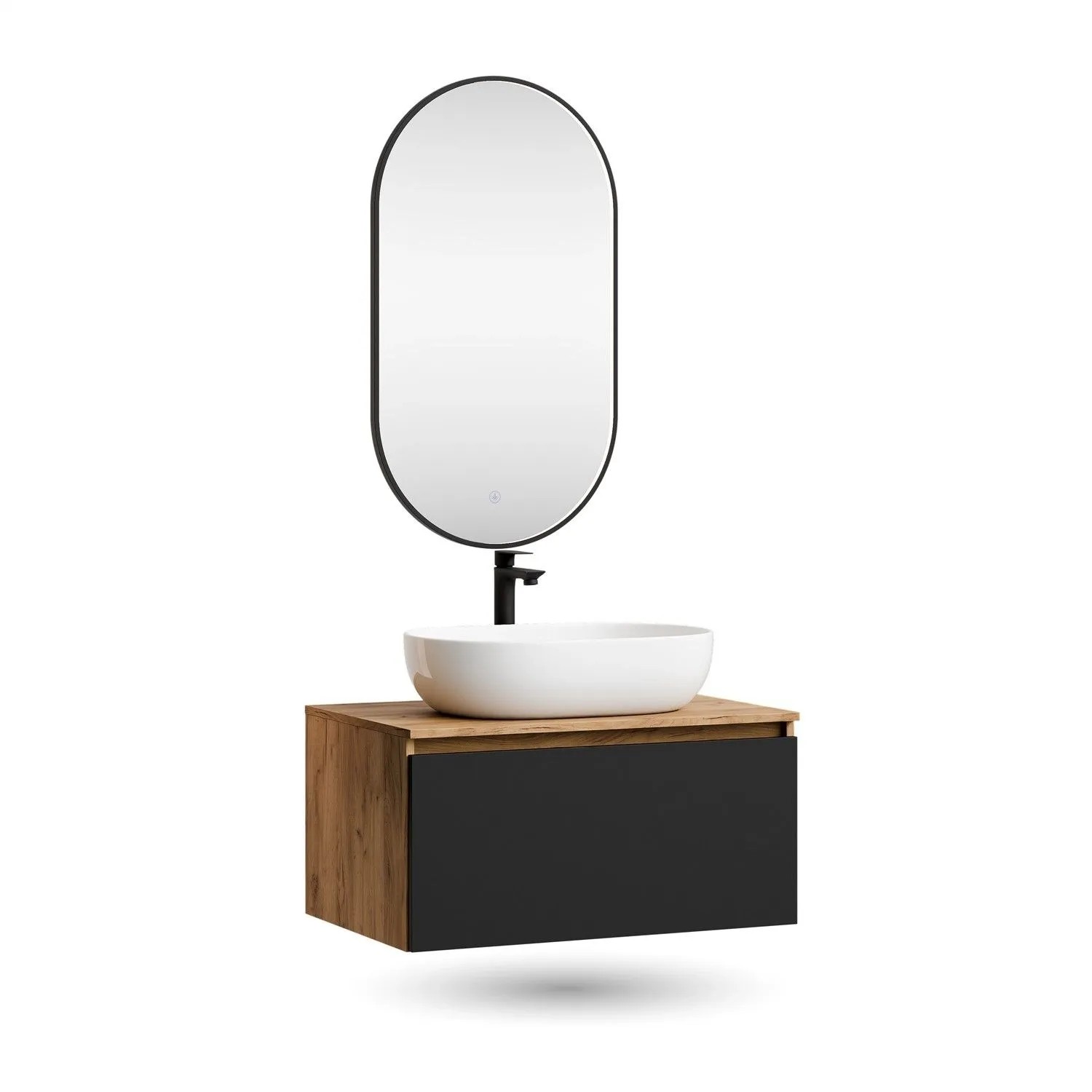 Planetmöbel ARISA Badmöbel Set 80 cm Schwarz Soft Close mit Glora LED Spiegel Oval 50 x 90 cm und Keramik Aufsatzwaschbecken Weiß 60 cm