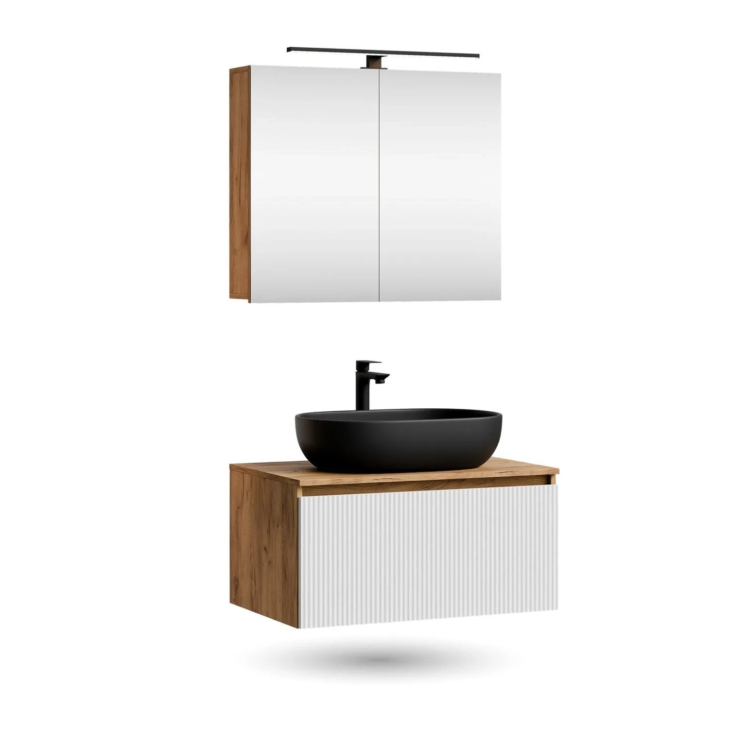 Planetmöbel ARISA Badmöbel Set 80 cm Weiß Geriffelt mit Spiegelschrank ARIA LED Leuchte und Aufsatzwaschbecken 60 cm Schwarz Keramik Soft Close