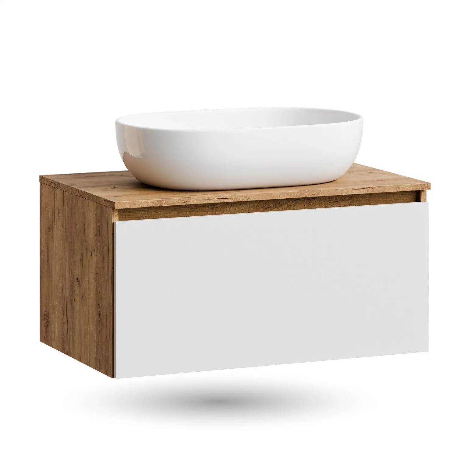 Planetmöbel ARISA Waschtisch 80 cm Weiß Matt mit Keramik Aufsatzwaschbecken 60 cm in Weiß Soft Close