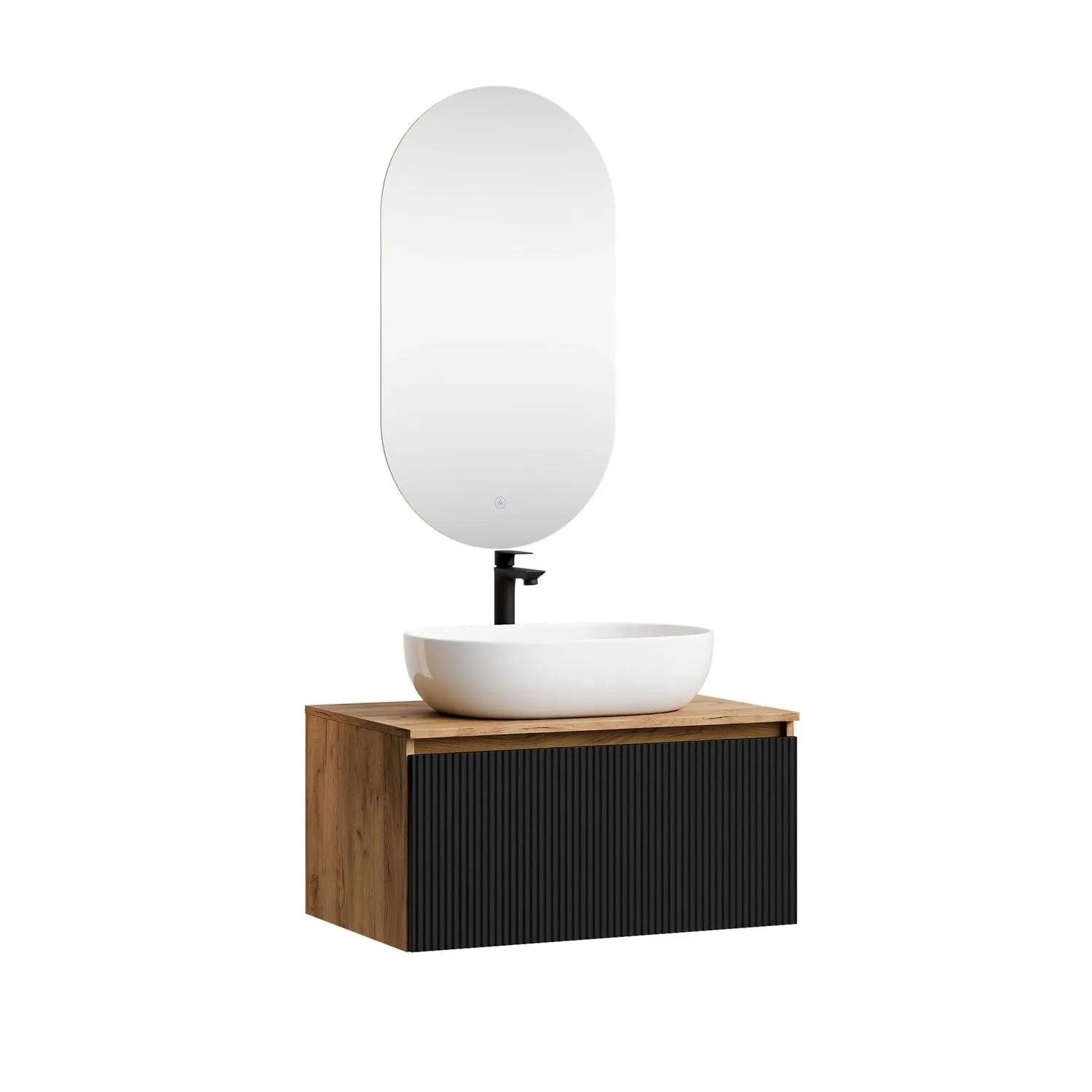Planetmöbel ARISA Badmöbel Set 80 cm Schwarz Geriffelt mit Keramik Aufsatzwaschbecken 60 cm Weiß und LED Spiegel Dimmbar Soft Close