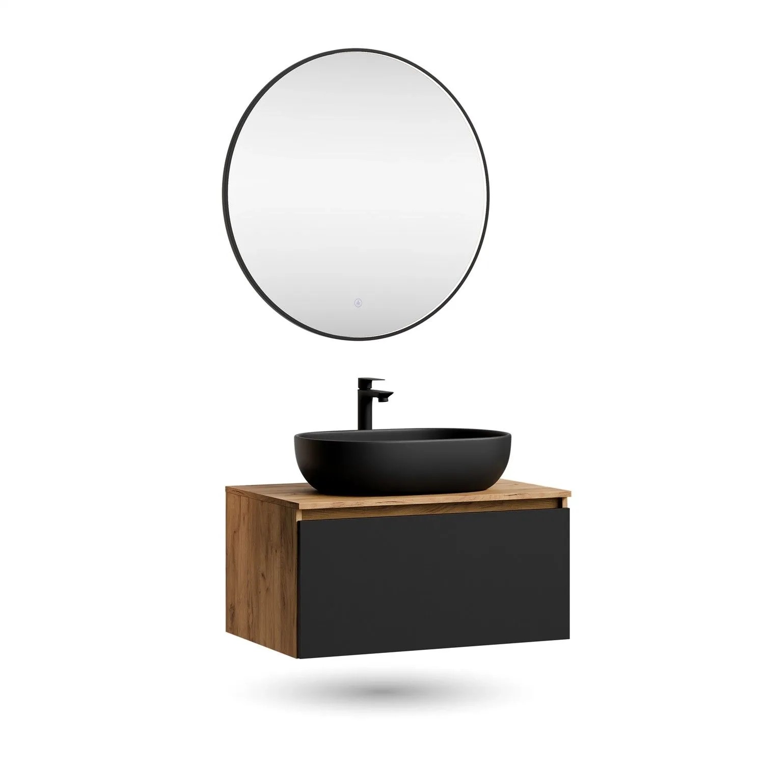 Planetmöbel ARISA Badmöbel Set 80 cm Schwarz Soft Close mit Veluna LED Spiegel 80 cm und Keramik Aufsatzwaschbecken Schwarz 60 cm