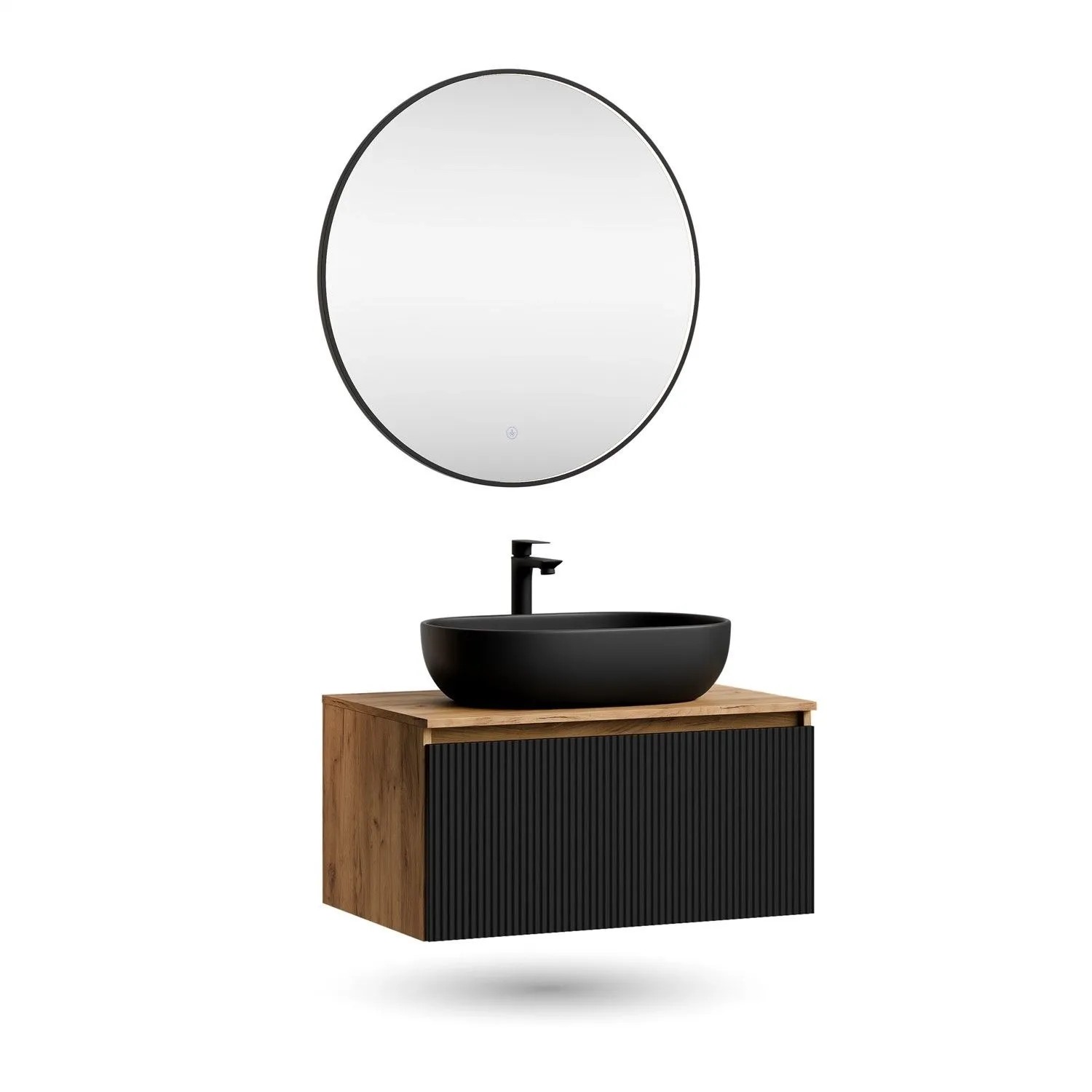 Planetmöbel ARISA Badmöbel Set 80 cm Schwarz Geriffelt Soft Close mit Veluna LED Spiegel 80 cm und Keramik Aufsatzwaschbecken Schwarz 60 cm