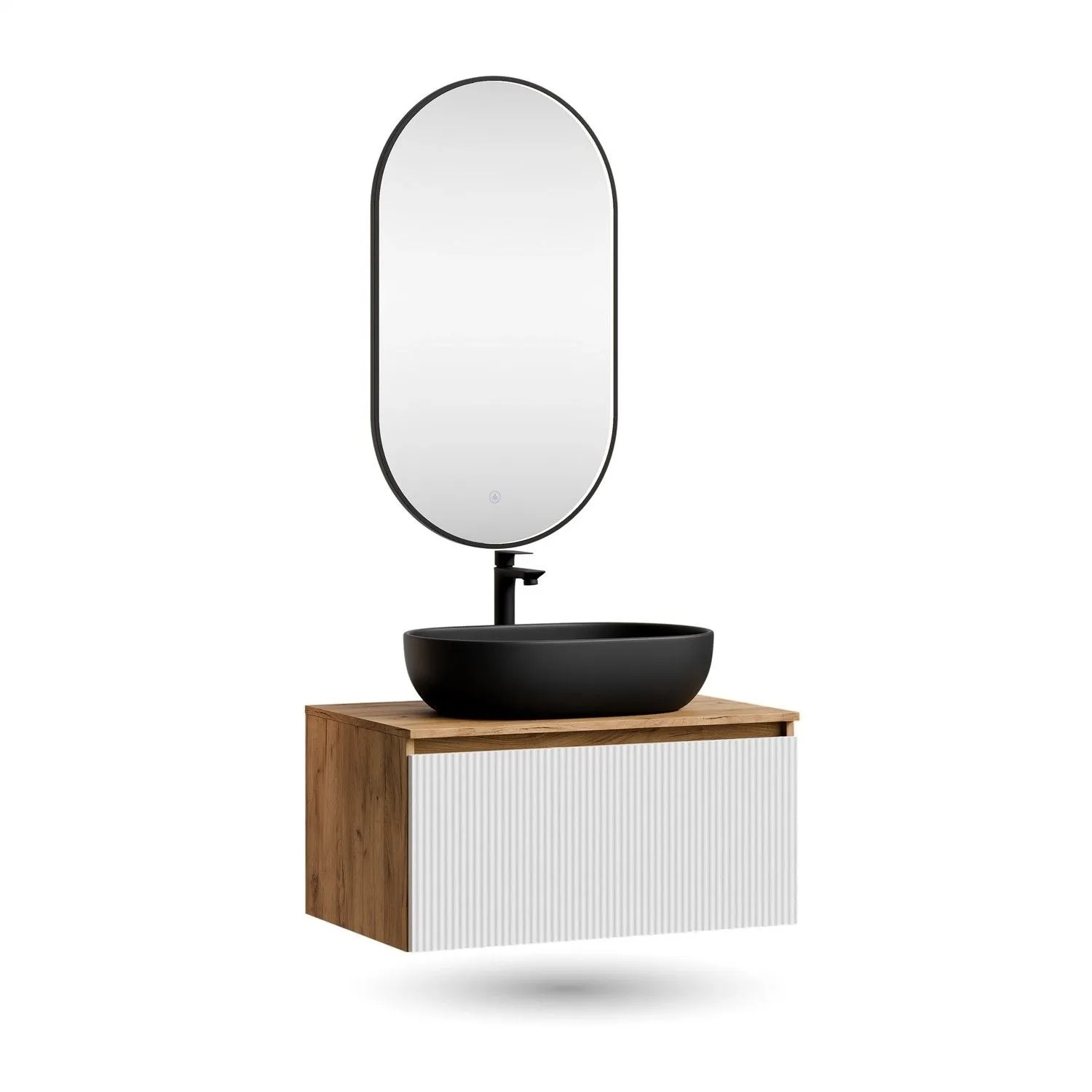 Planetmöbel ARISA Badmöbel Set 80 cm Weiß Geriffelt Soft Close mit Glora LED Spiegel Oval 50 x 90 cm und Keramik Aufsatzwaschbecken Schwarz 60 cm