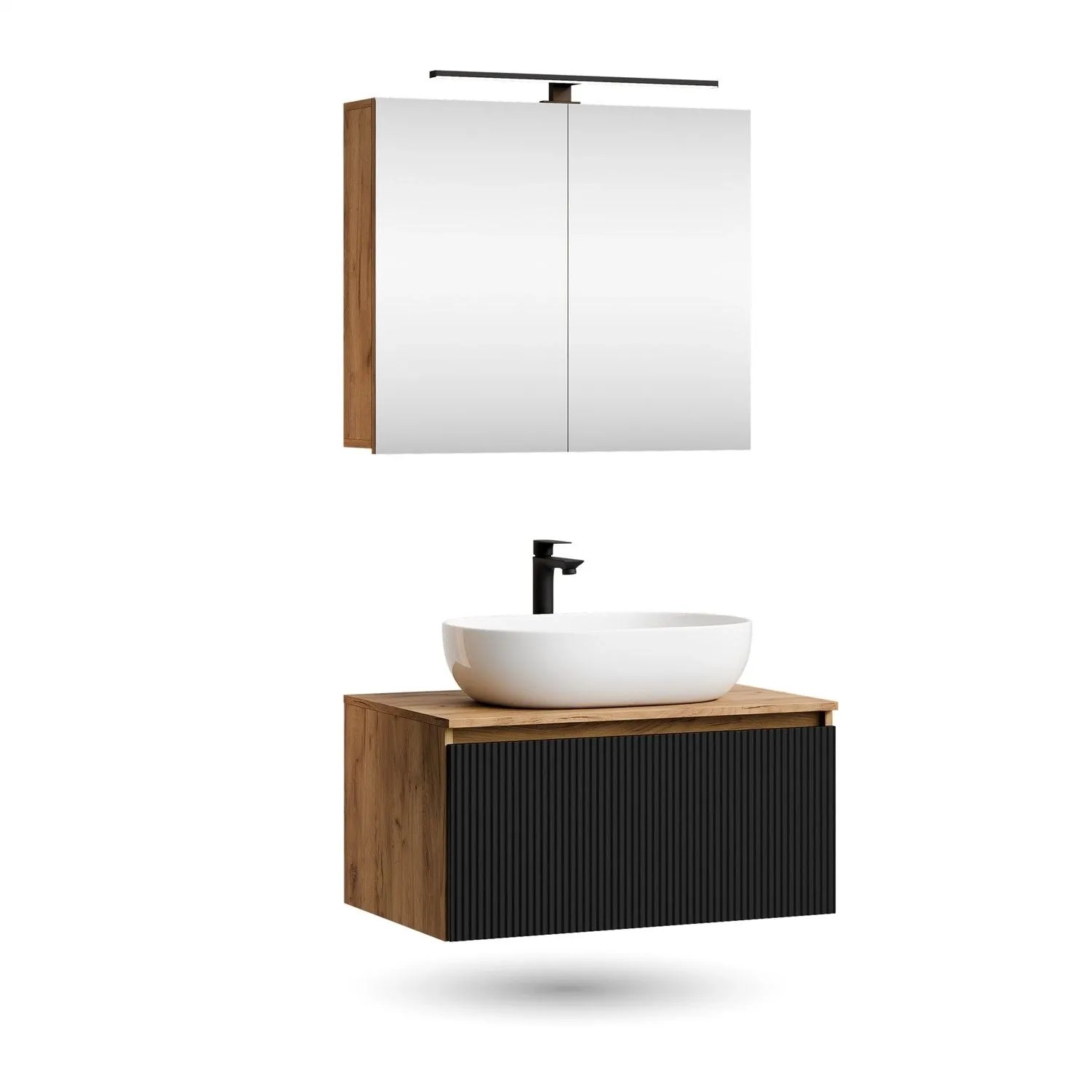 Planetmöbel ARISA Badmöbel Set 80 cm Schwarz Geriffelt mit Spiegelschrank ARIA LED Leuchte und Aufsatzwaschbecken 60 cm Weiß Keramik Soft Close