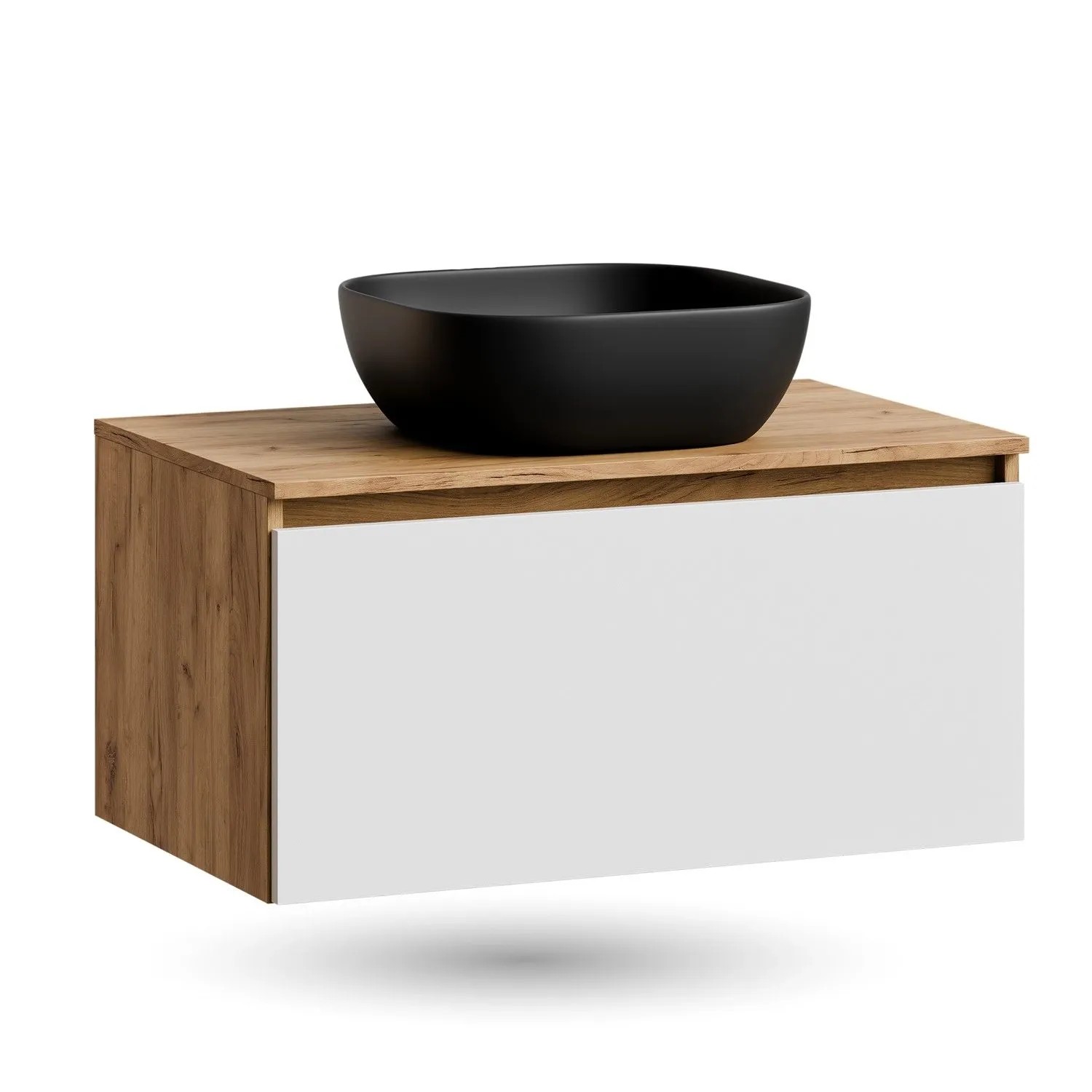 Planetmöbel ARISA Waschtischunterschrank 80 cm Weiß Matt mit Keramik Aufsatzwaschbecken 42 cm Schwarz Soft Close