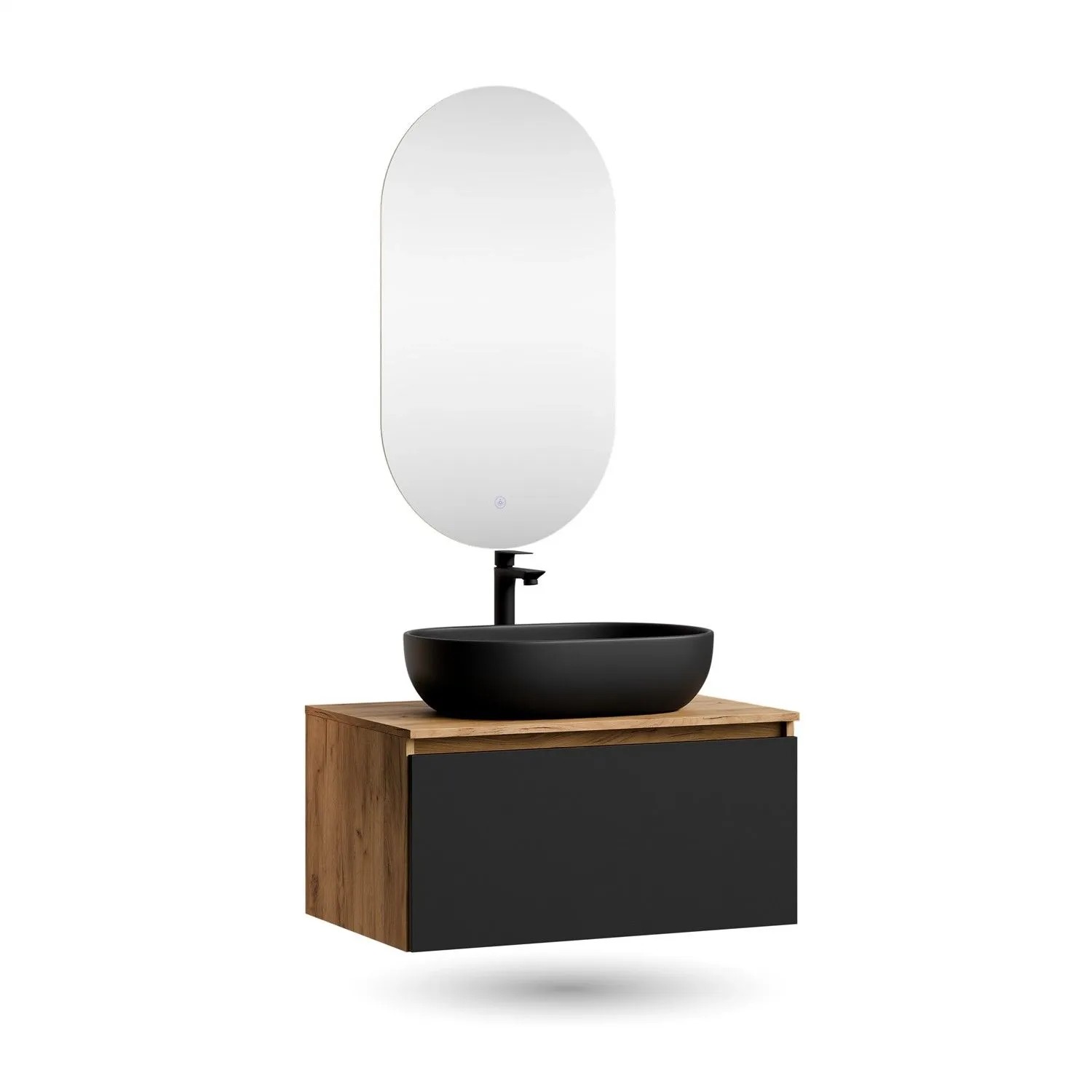 Planetmöbel ARISA Badmöbel Set 80 cm Schwarz mit Keramik Aufsatzwaschbecken 60 cm und LED Spiegel Dimmbar Soft Close