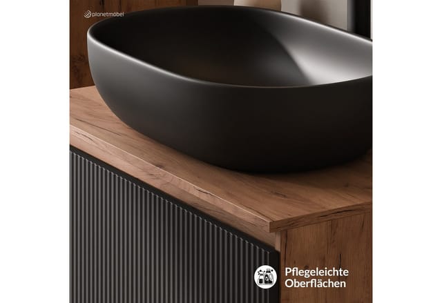 Planetmöbel ARISA Waschtisch 80 cm Schwarz Geriffelt mit Keramik Aufsatzwaschbecken 60 cm in Schwarz Soft Close