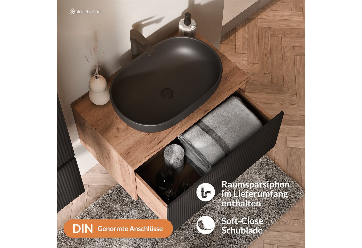 Planetmöbel ARISA Waschtisch 80 cm Schwarz Geriffelt mit Keramik Aufsatzwaschbecken 60 cm in Schwarz Soft Close Bild 2
