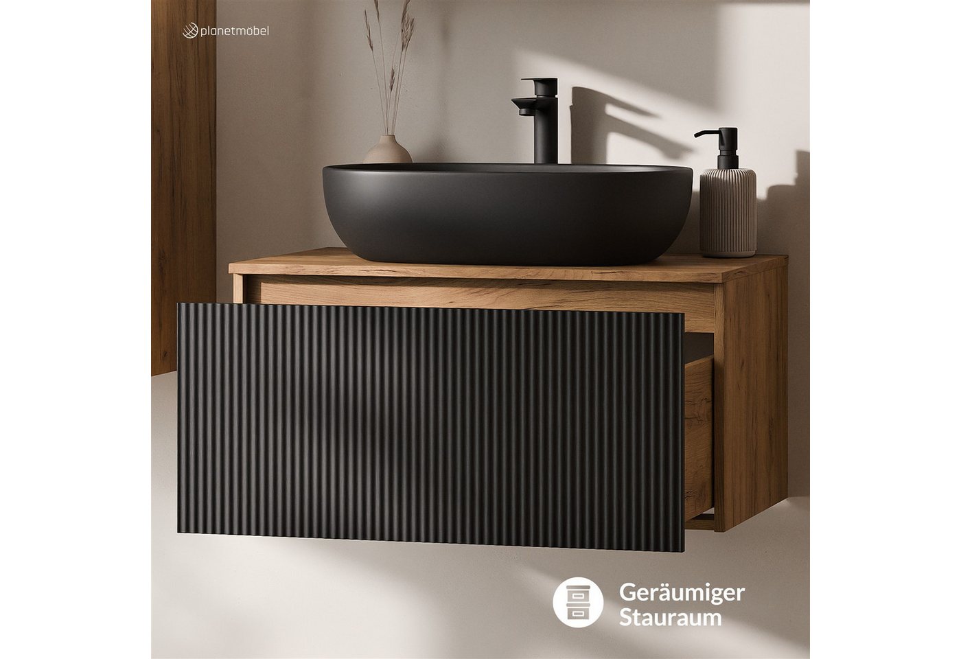 Planetmöbel ARISA Waschtisch 80 cm Schwarz Geriffelt mit Keramik Aufsatzwaschbecken 60 cm in Schwarz Soft Close Bild 3