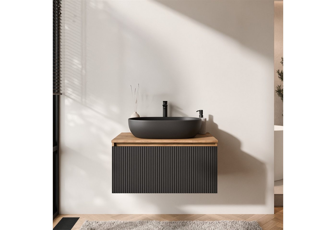 Planetmöbel ARISA Waschtisch 80 cm Schwarz Geriffelt mit Keramik Aufsatzwaschbecken 60 cm in Schwarz Soft Close Bild 4
