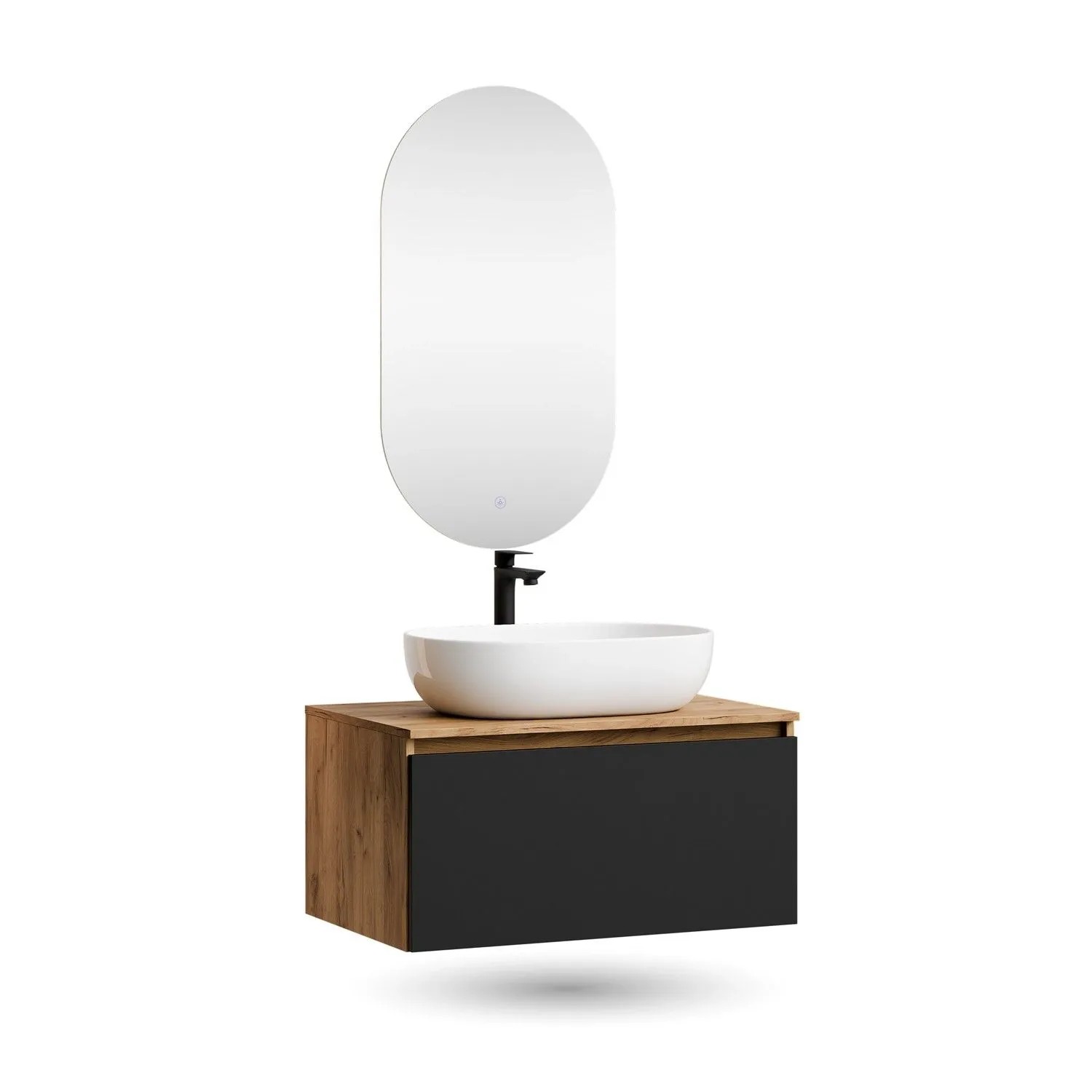 Planetmöbel ARISA Badmöbel Set 80 cm Schwarz mit Keramik Aufsatzwaschbecken 60 cm Weiß und LED Spiegel Dimmbar Soft Close