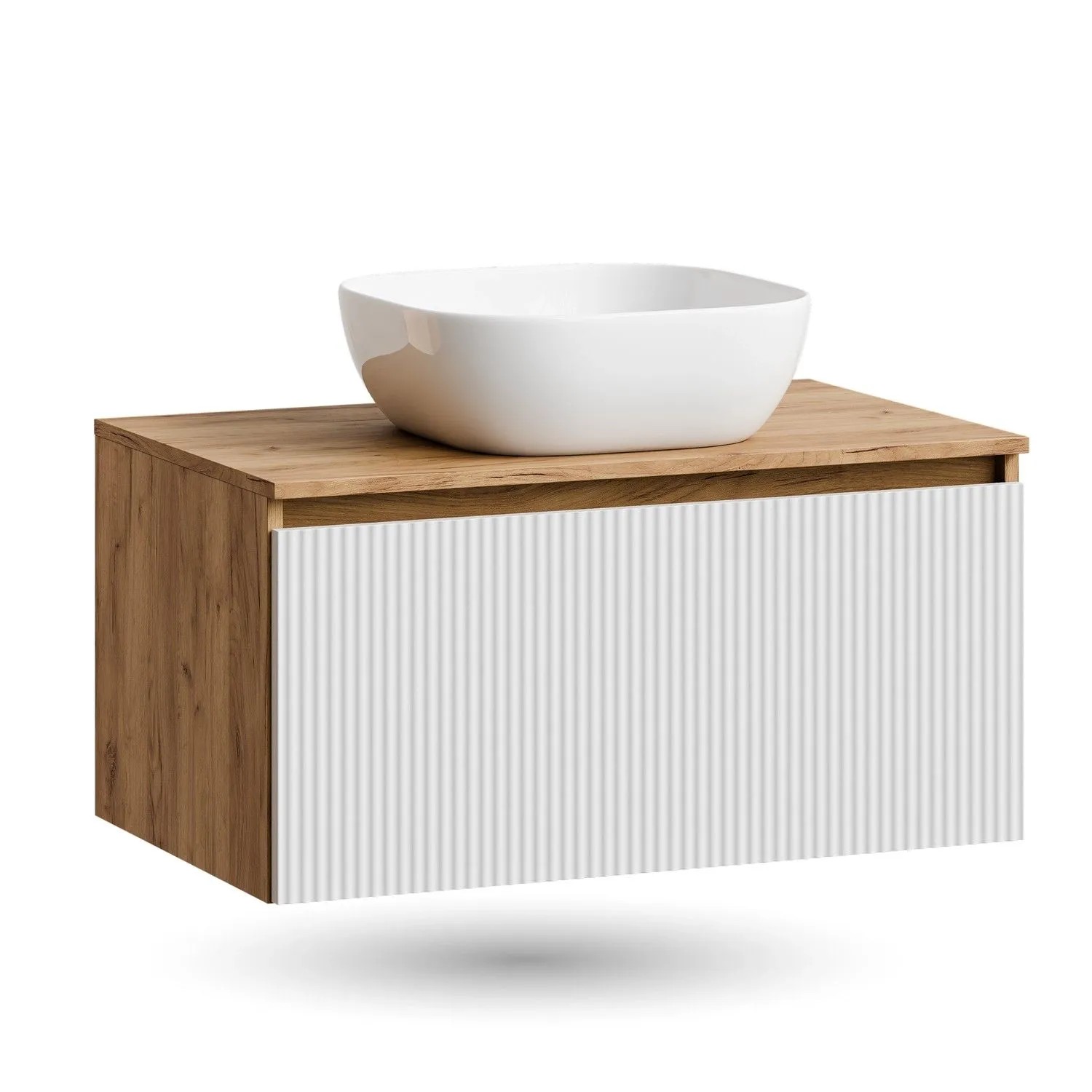 Planetmöbel ARISA Waschtischunterschrank 80 cm Weiß Geriffelt mit Keramik Aufsatzwaschbecken 42 cm Weiß Soft Close