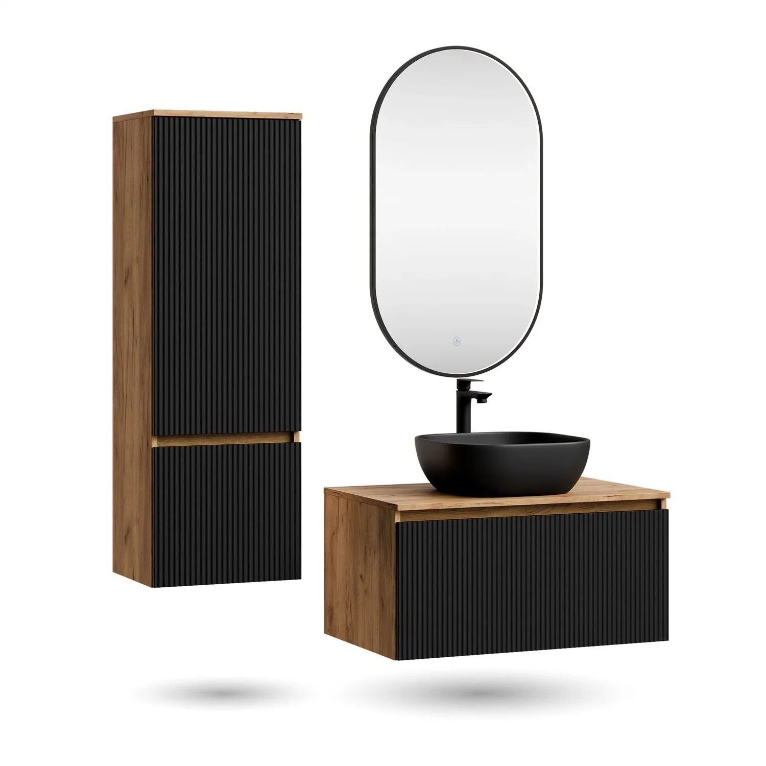Planetmöbel ARISA Badmöbel Set 80 cm Schwarz Geriffelt mit Hochschrank Glora LED Spiegel Dimmbar und Keramik Aufsatzwaschbecken 42 cm Schwarz