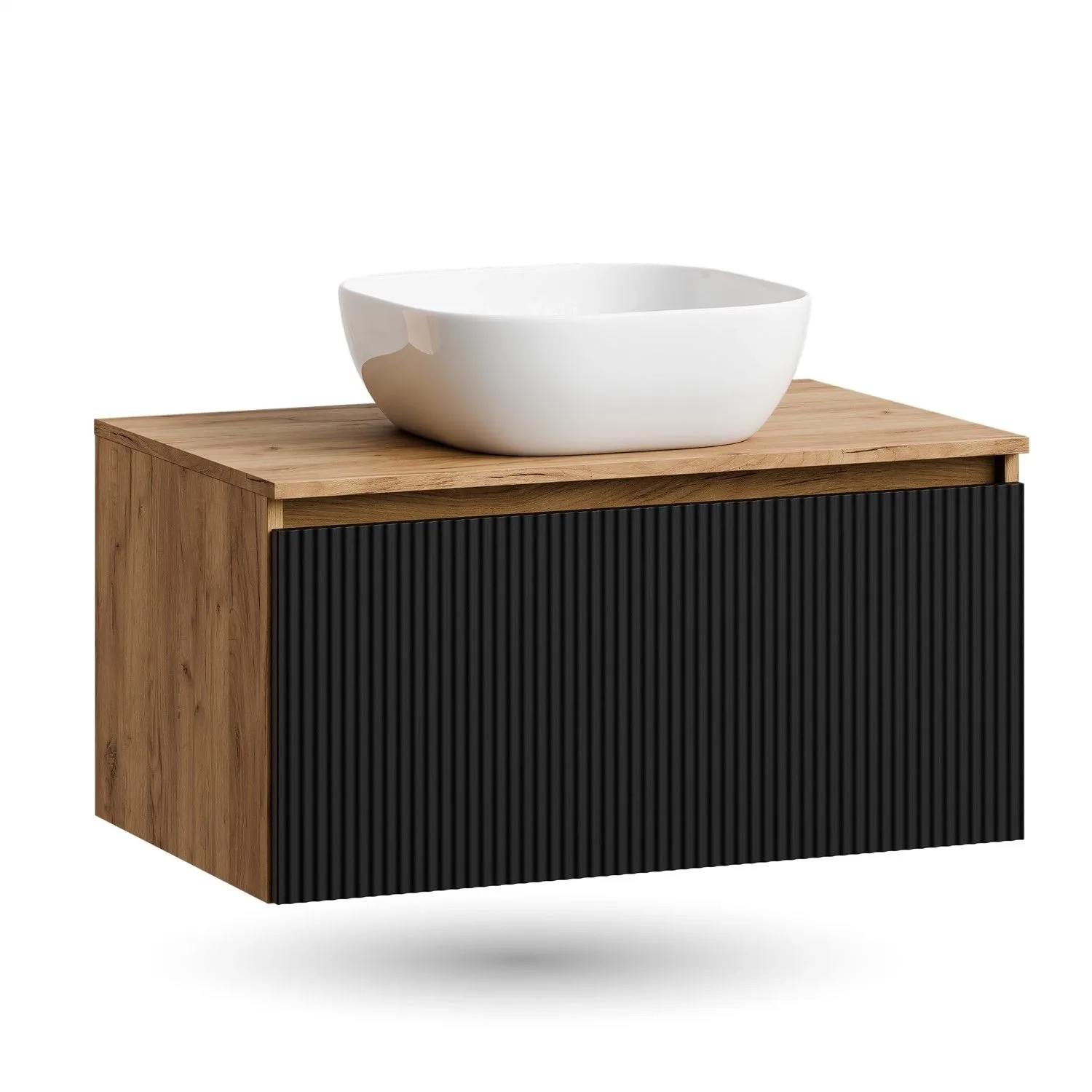 Planetmöbel ARISA Waschtischunterschrank 80 cm Schwarz Geriffelt mit Keramik Aufsatzwaschbecken 42 cm Weiß Soft Close