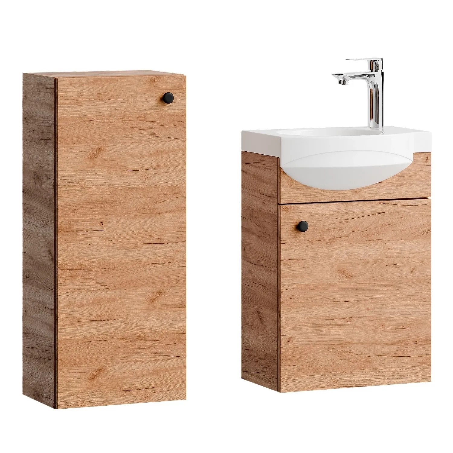 Planetmöbel Badmöbel Set 40 cm Gold Eiche mit Keramikwaschbecken Midischrank Soft Close