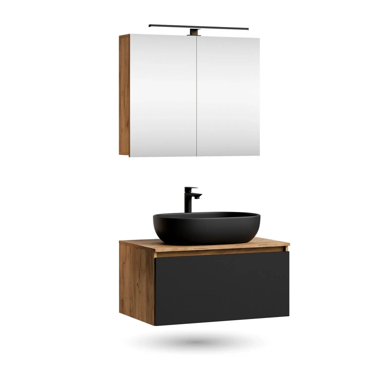 Planetmöbel ARISA Badmöbel Set 80 cm Schwarz mit Spiegelschrank ARIA LED Leuchte und Aufsatzwaschbecken 60 cm Schwarz Keramik Soft Close