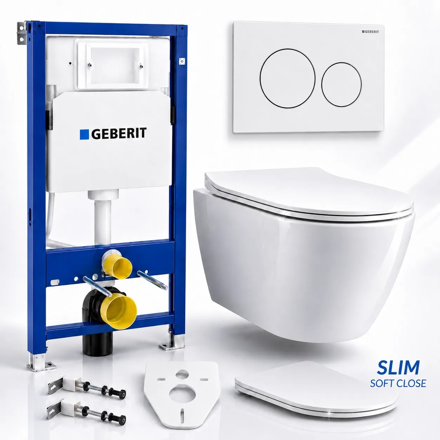 Bad Land WC SET Vorwandelement Geberit Duofix Basic Delta + Toilette ROLO Weiß + Platte Delta20 Rund Weiß