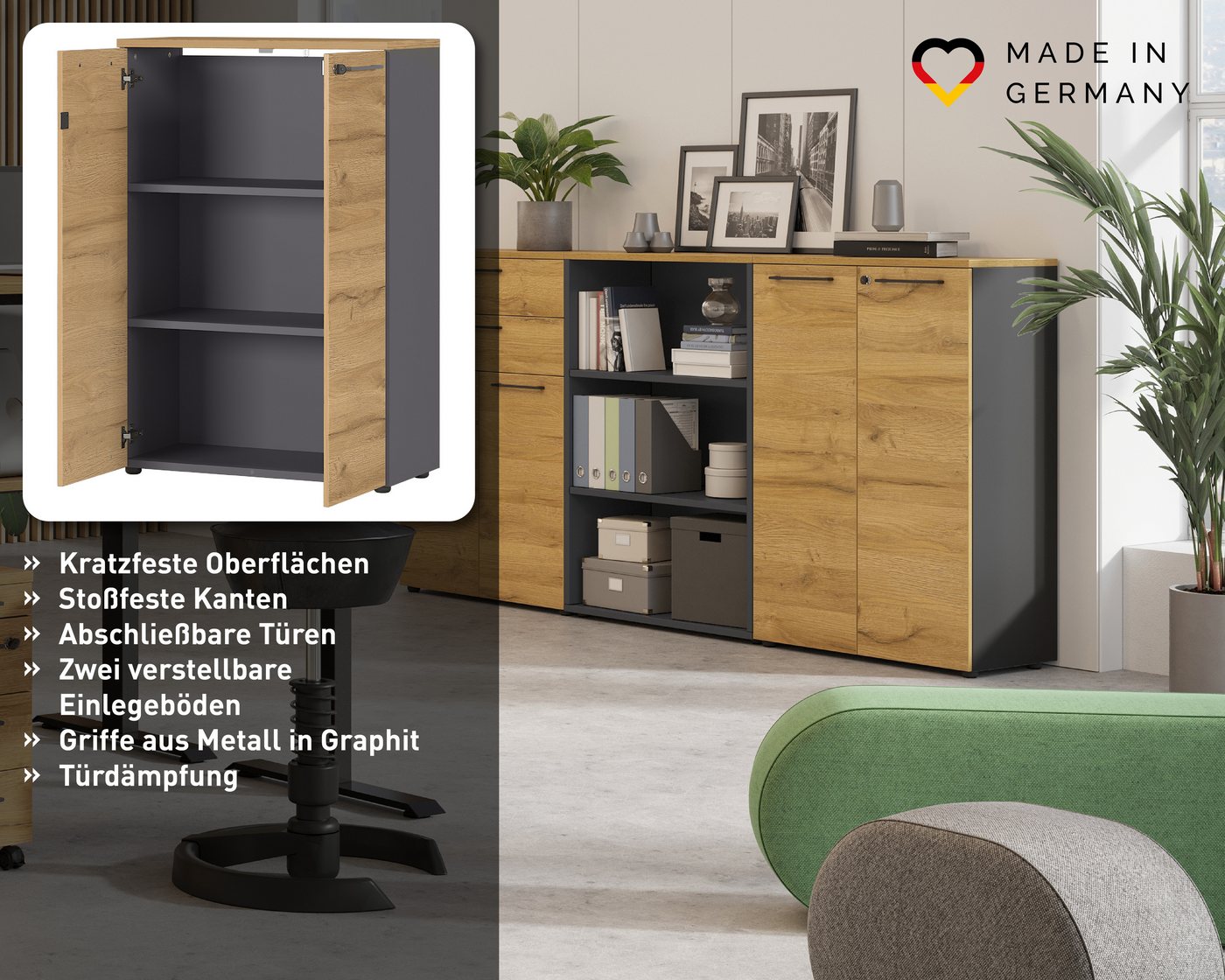 GERMANIA Aktenschrank Agenda 80 x 120 x 40 cm, verstellbare Böden, Soft Close, Made in Germany