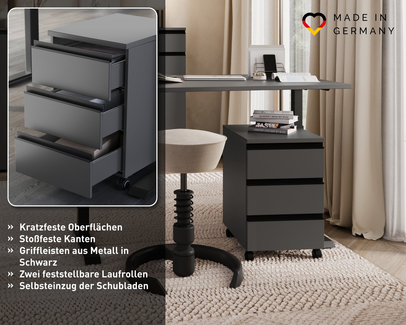 GERMANIA Rollcontainer Agenda, 42 x 61 x 49 cm, Laufrollen, Soft Close, abschließbar, Made in Germany Bild 3