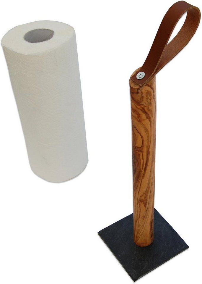Olivenholz-erleben Küchenrollenhalter GALAXY aus Olivenholz mit Schieferfuß, (1-St), Olivenholz mit Schieferplatte als Fuß, Lederschlaufe als Griff Bild 2
