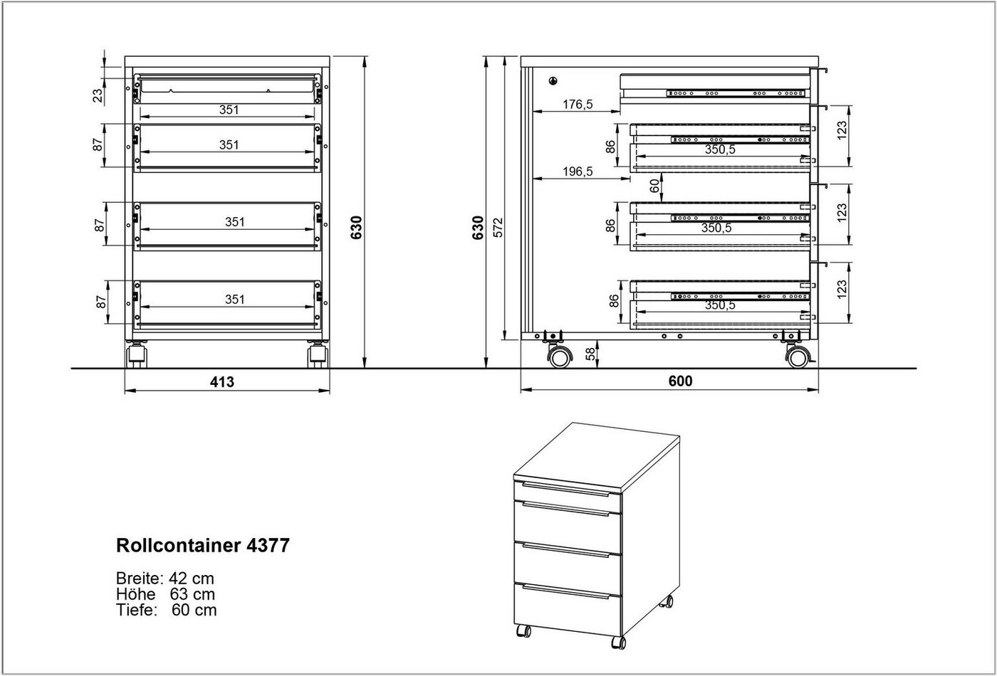 GERMANIA Rollcontainer Mailand, mit 4 Schubladen, optional mit Schubladendämpfung, 42 x 63 x 60 cm, Laufrollen, Soft Close, Metallgriffe, Made in Germany Bild 2
