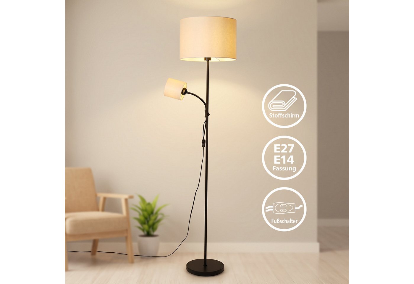 OTTO home Stehlampe Avveline - Textilschirm Stehleuchte, ohne Leuchtmittel, H. 168 cm, Stoffschirm Ø 36 x 25 cm E27 Leseleuchte Ø 12 x 11,5 cm E14