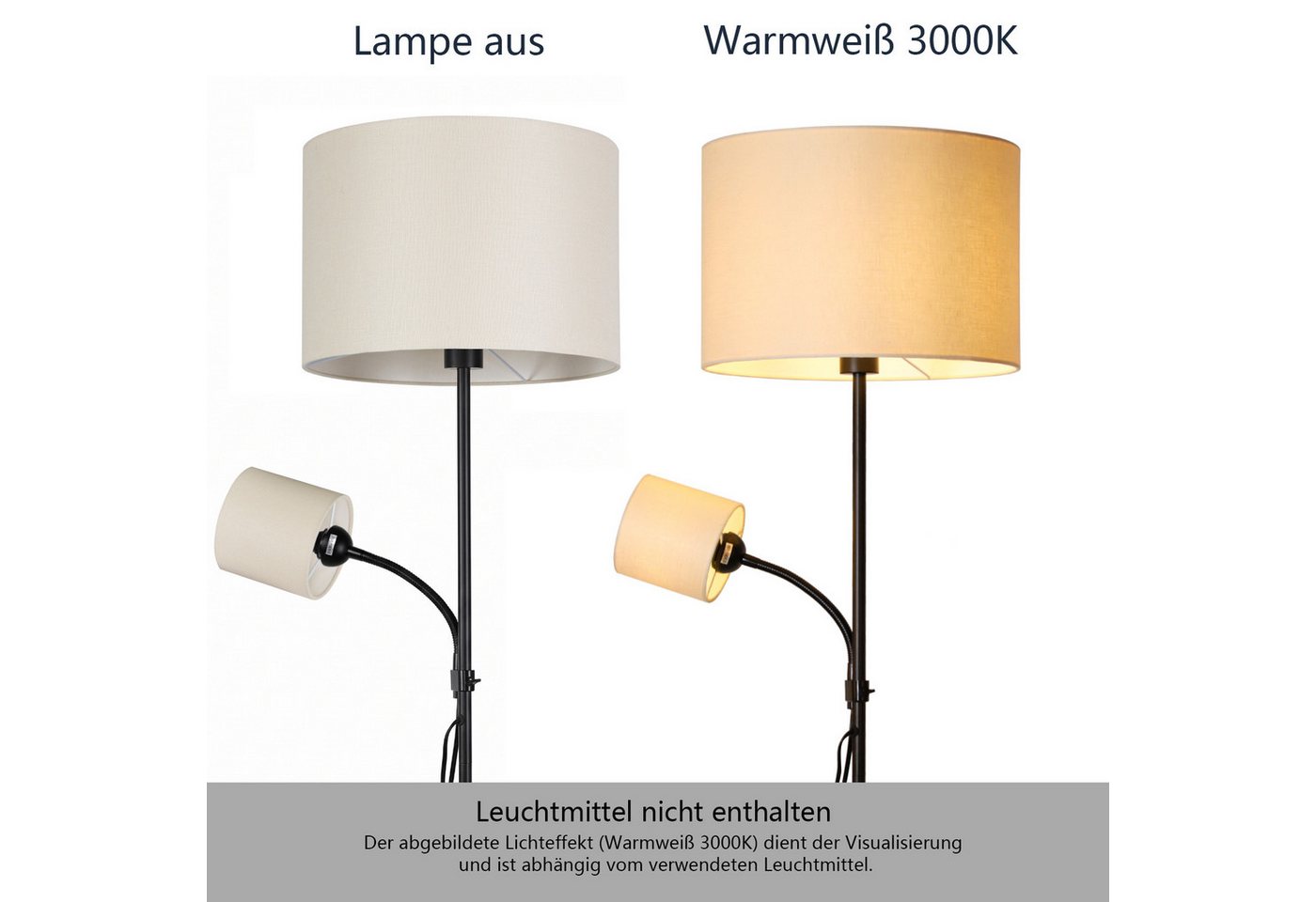 OTTO home Stehlampe Avveline - Textilschirm Stehleuchte, ohne Leuchtmittel, H. 168 cm, Stoffschirm Ø 36 x 25 cm E27 Leseleuchte Ø 12 x 11,5 cm E14 Bild 3