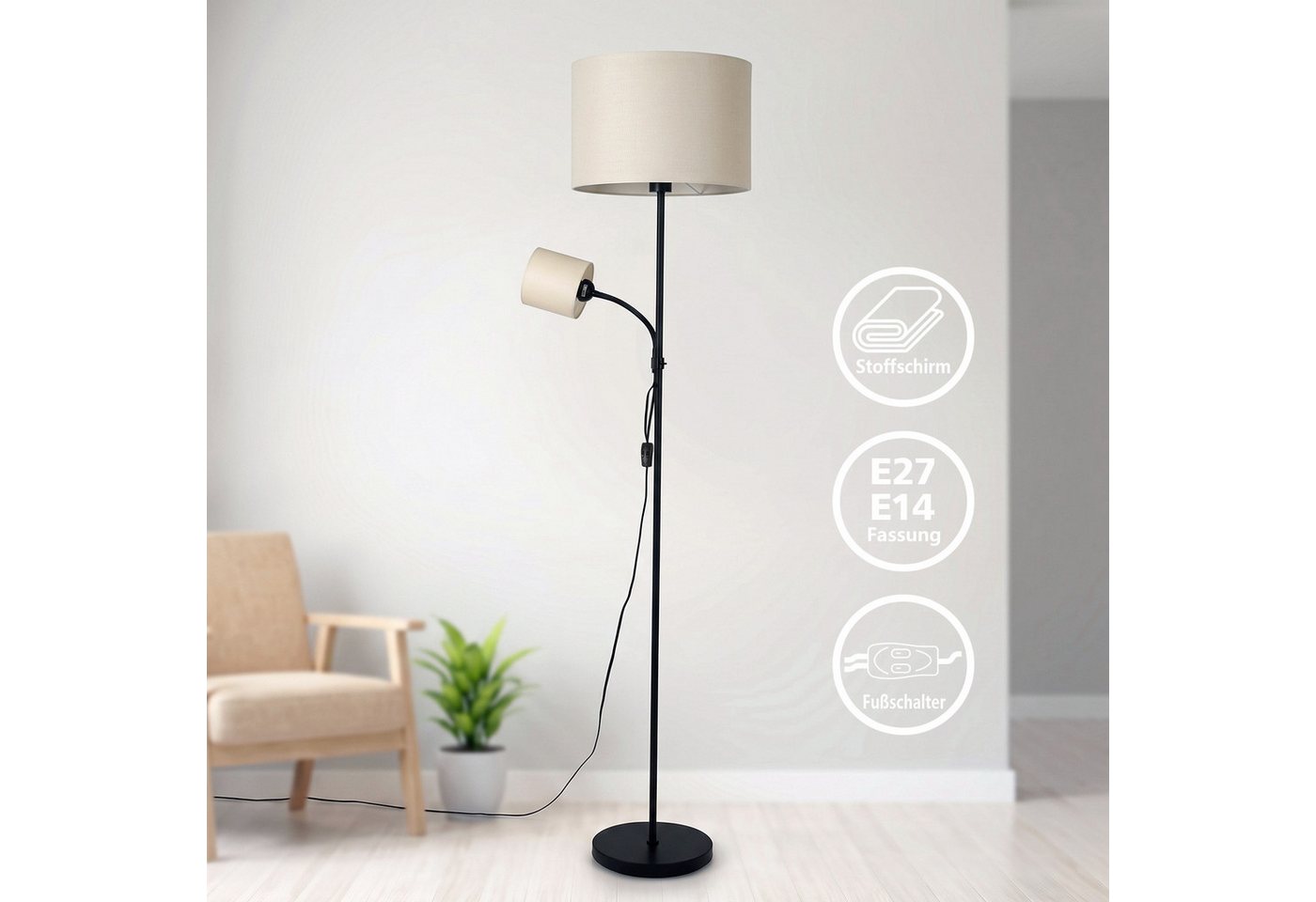 OTTO home Stehlampe Avveline - Textilschirm Stehleuchte, ohne Leuchtmittel, H. 168 cm, Stoffschirm Ø 36 x 25 cm E27 Leseleuchte Ø 12 x 11,5 cm E14 Bild 4