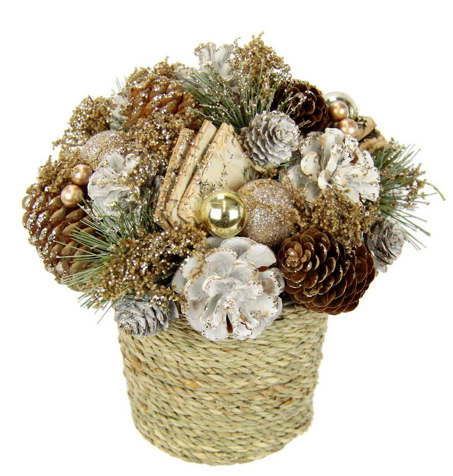 Kunstpflanze Natur-Gesteck Zapfen, I.GE.A., Höhe 18 cm, Im Topf mit Christbaumkugeln Tanne Gesteck Weihnachtsdeko Tischdeko